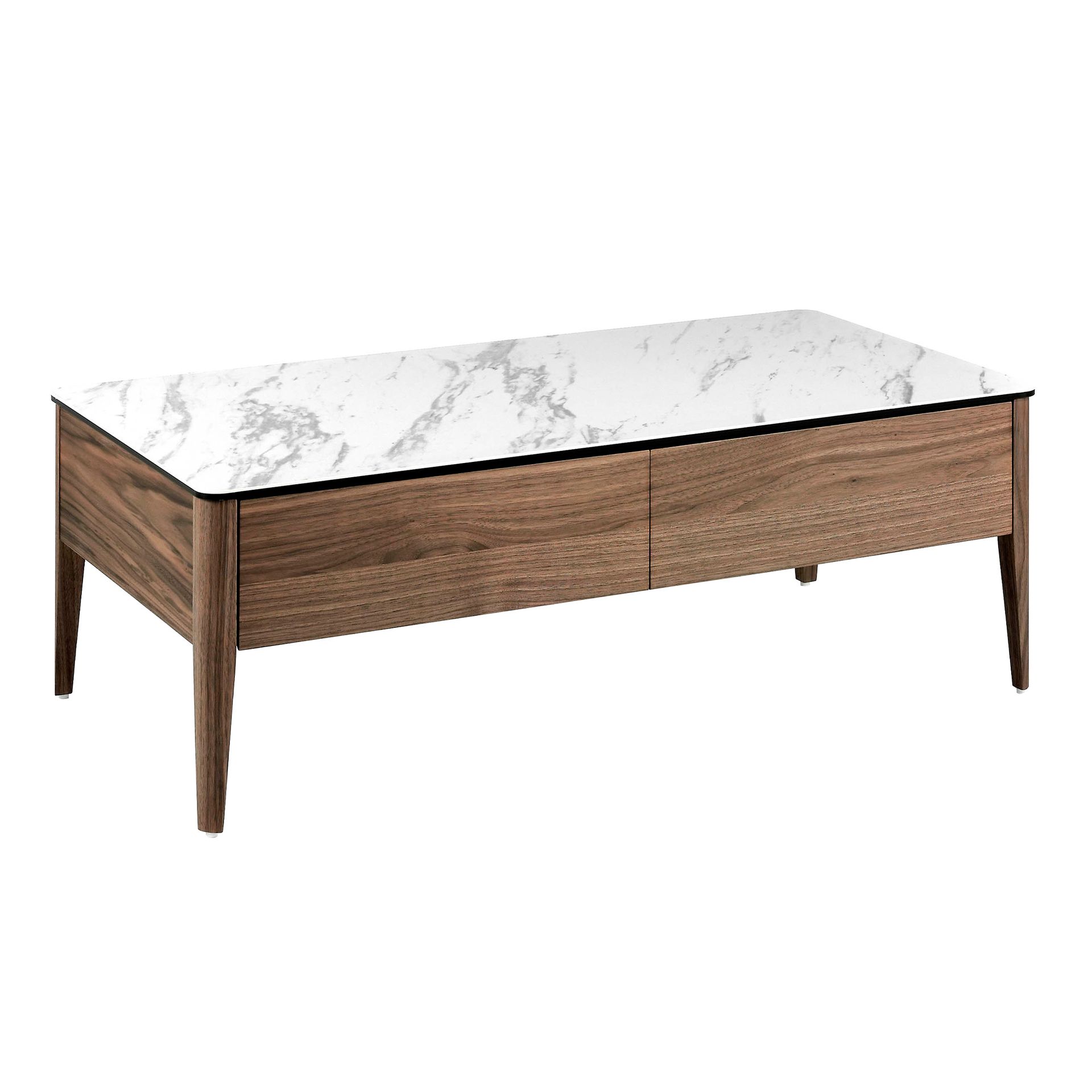 Table basse rectangulaire en porcelaine, marbre et noyer