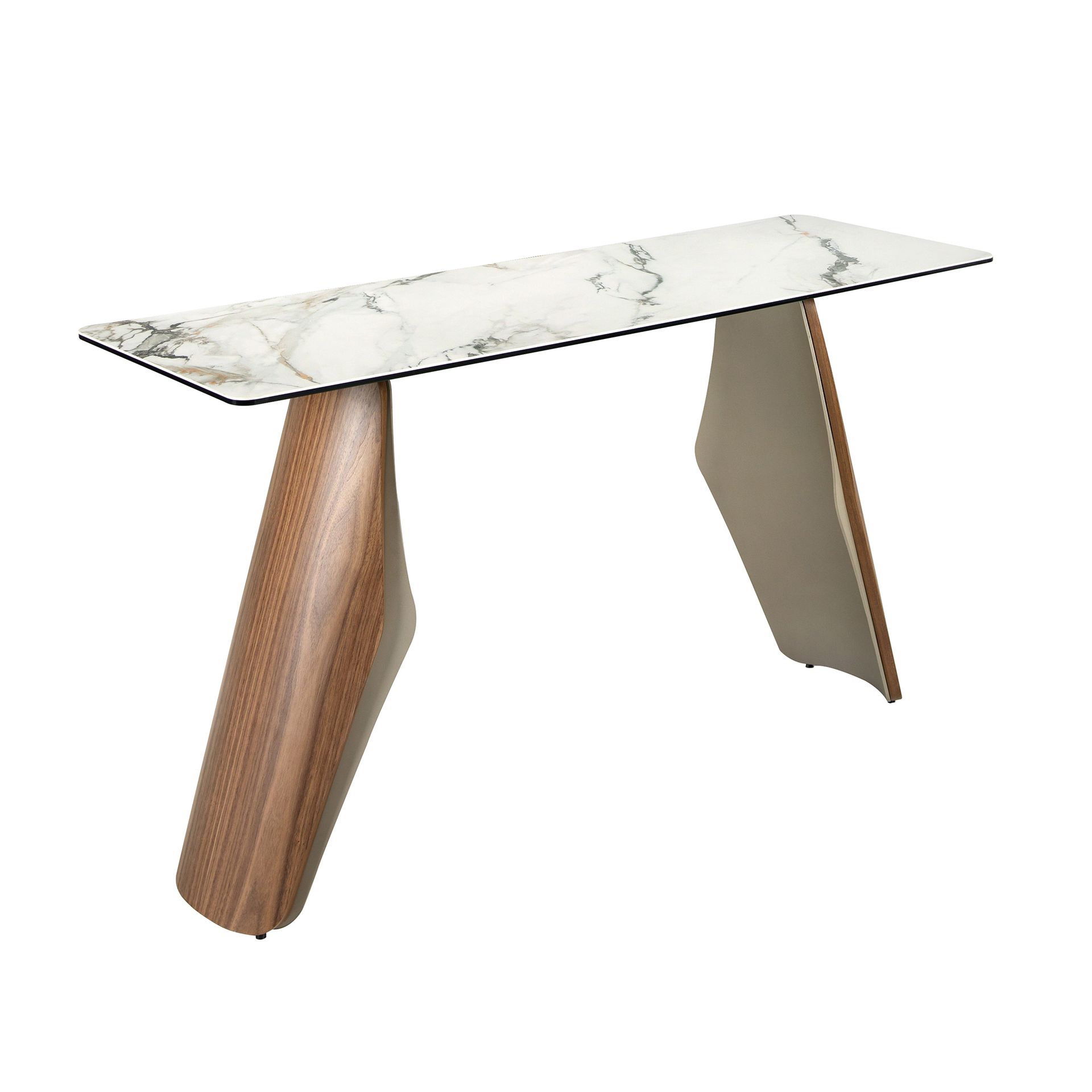 Console rectangulaire en marbre porcelainé, acier sable métallisé et noyer