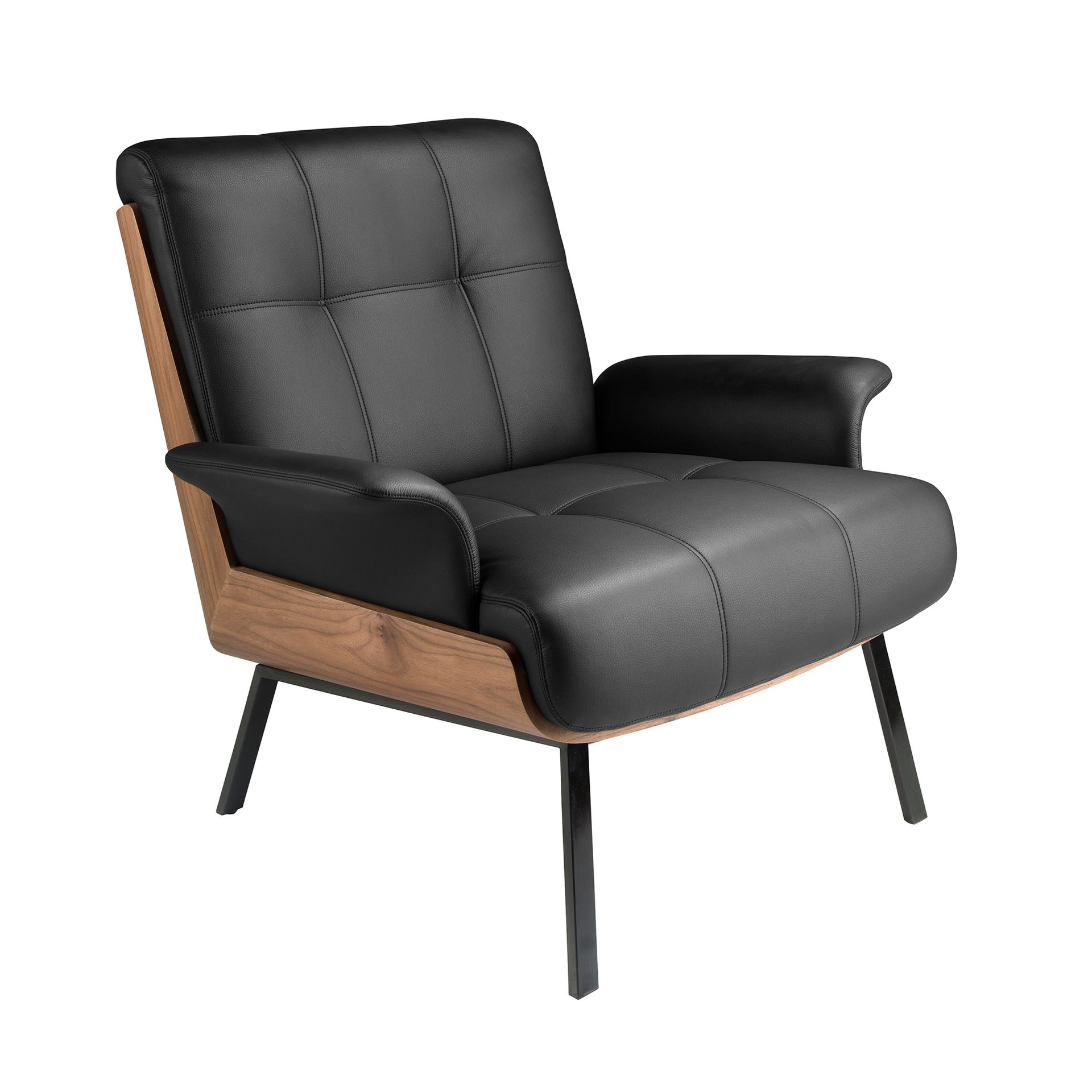 Fauteuil en similicuir noir et noyer - Finitions noyer, noir et acier