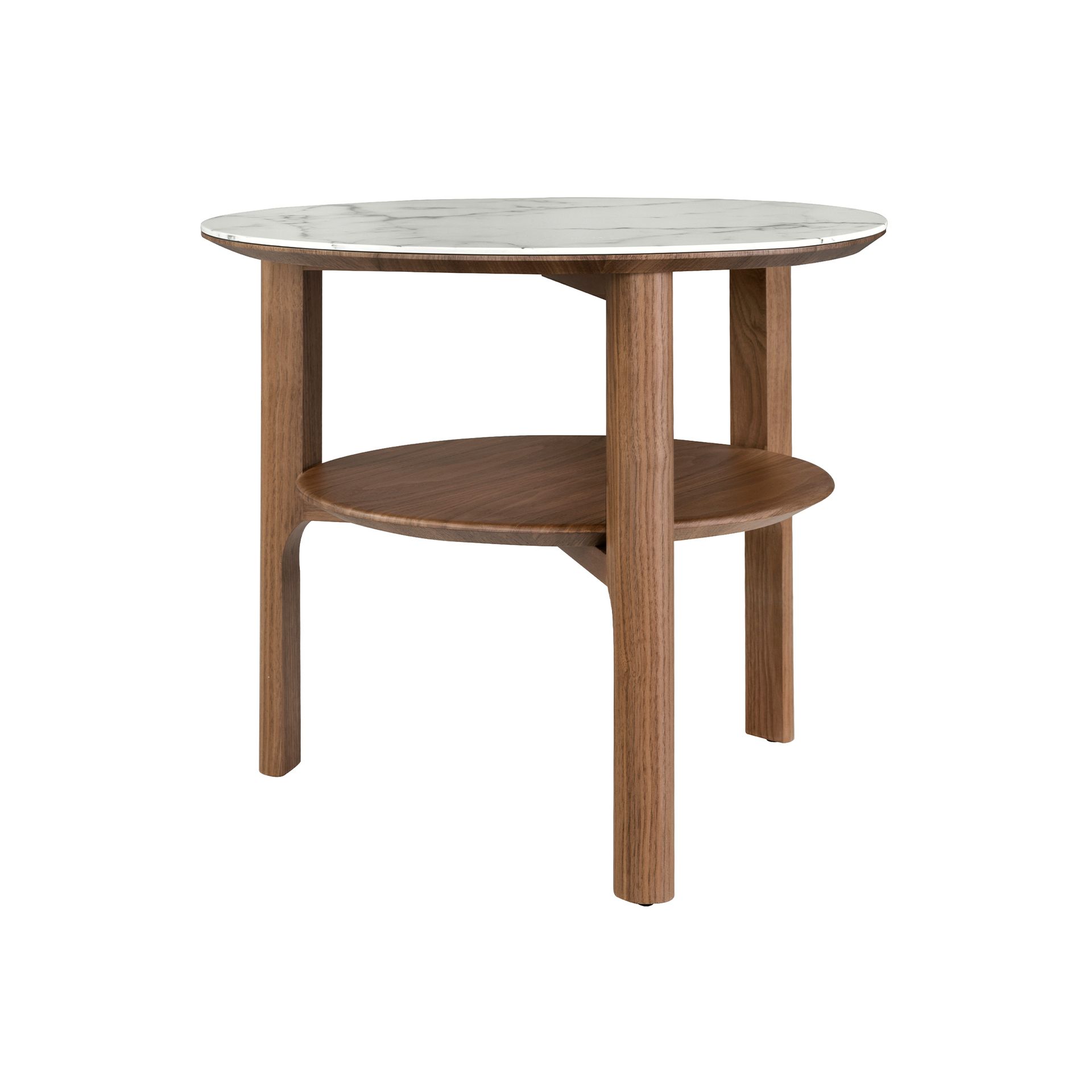 Table d’appoint ronde en verre effet marbre et noyer - Finitions blanc et noyer