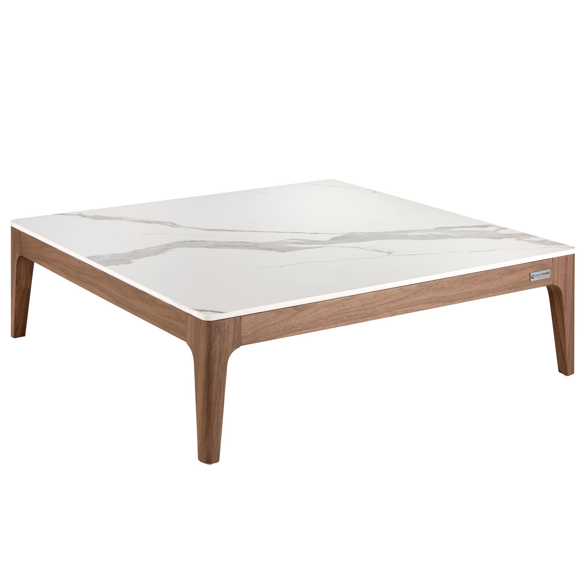 Table basse carrée en porcelaine, marbre et noyer - Finitions blanc et noyer