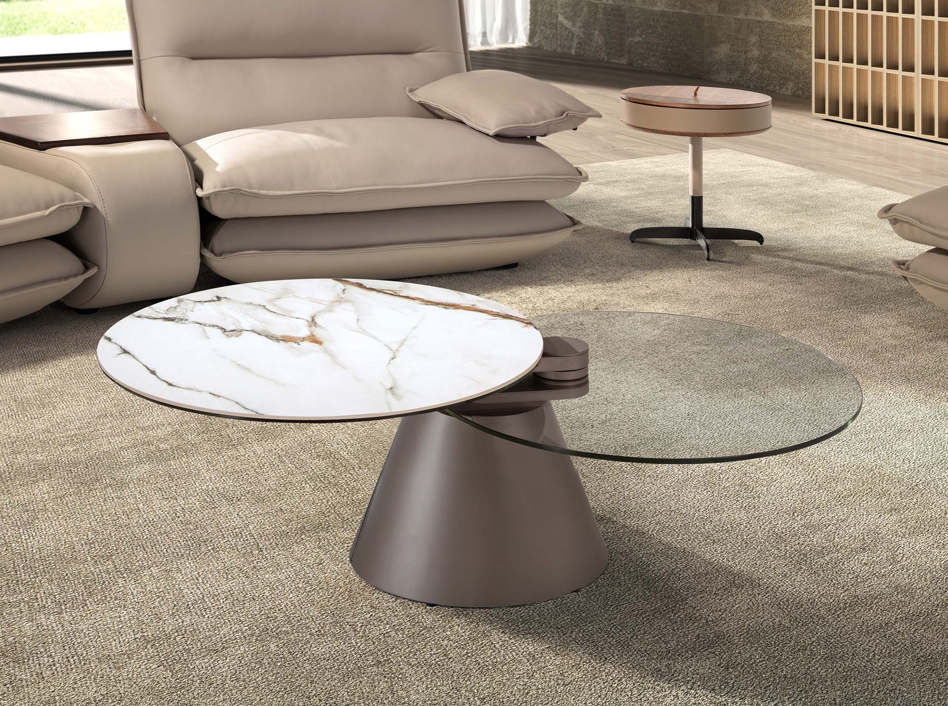 Table basse extensible ronde en verre trempé, marbre céramique et acier gris — détail 5