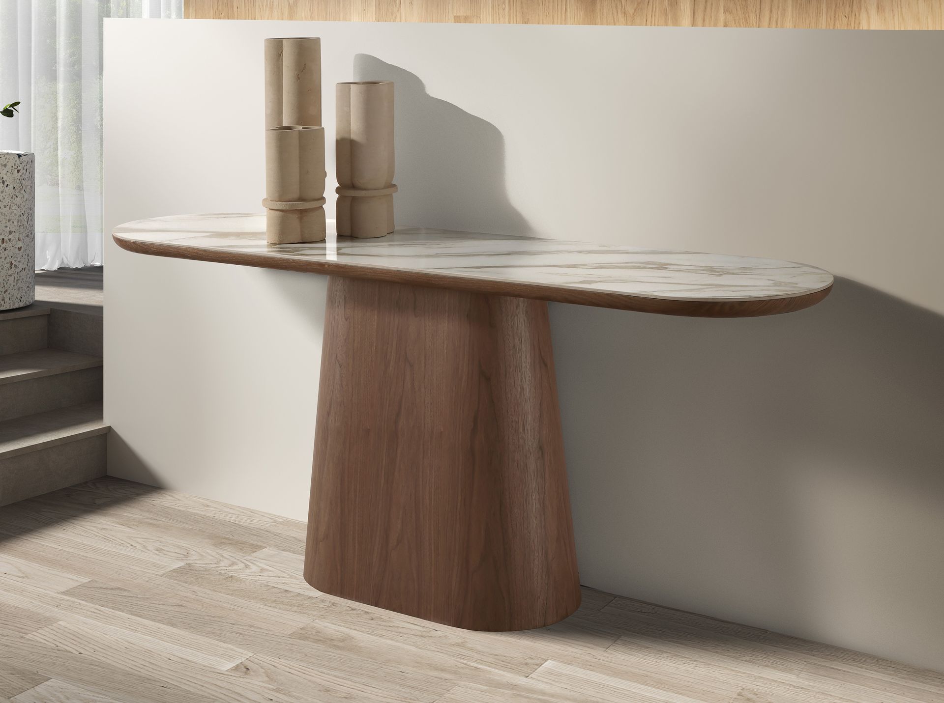 Table console ovale demi-ronde en porcelaine et noyer — détail 3