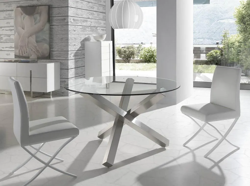 Table ronde en verre trempé et base en acier inoxydable