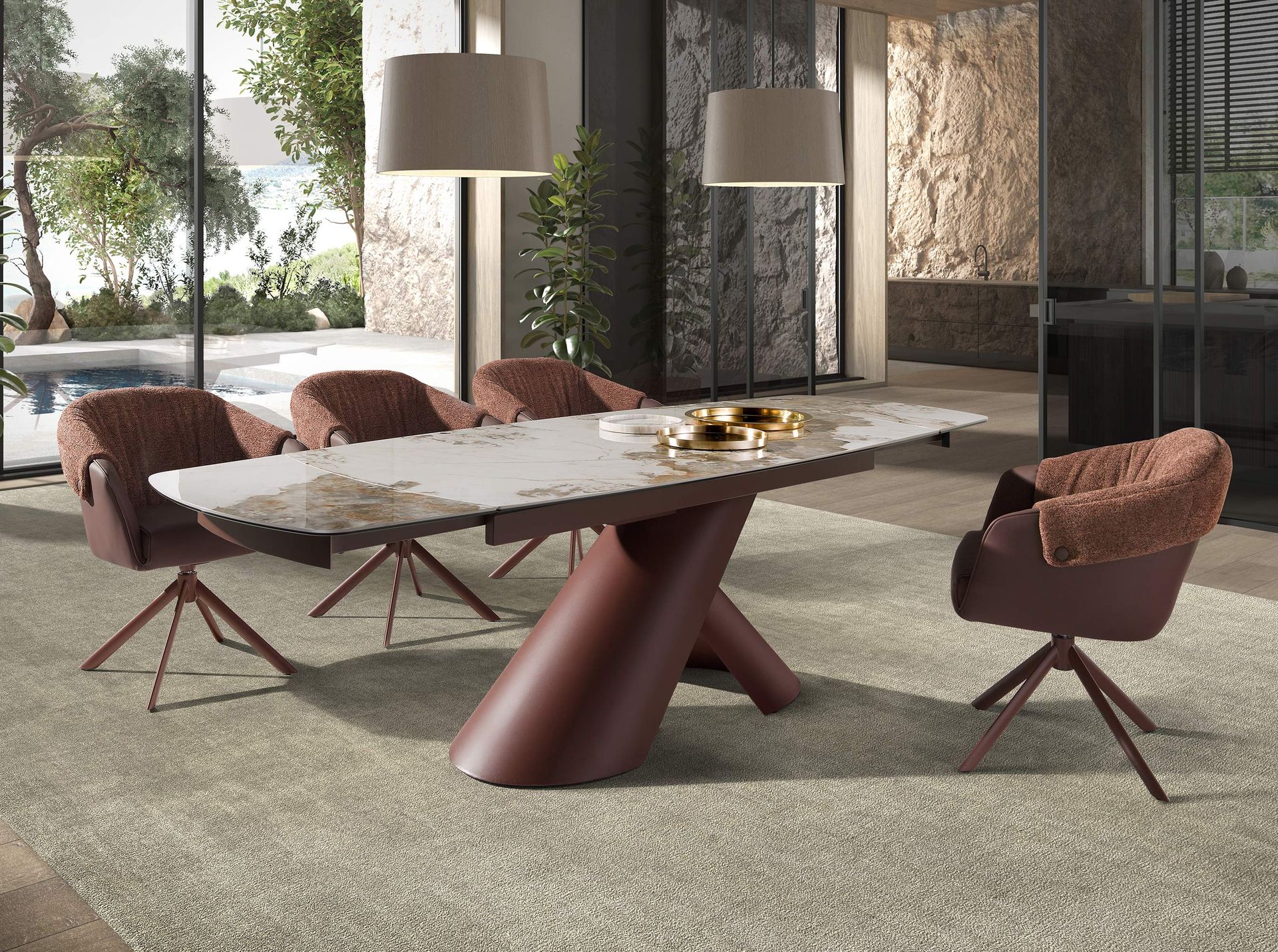 Table à manger extensible ovale tonneau en marbre céramique et acier marron — détail 3