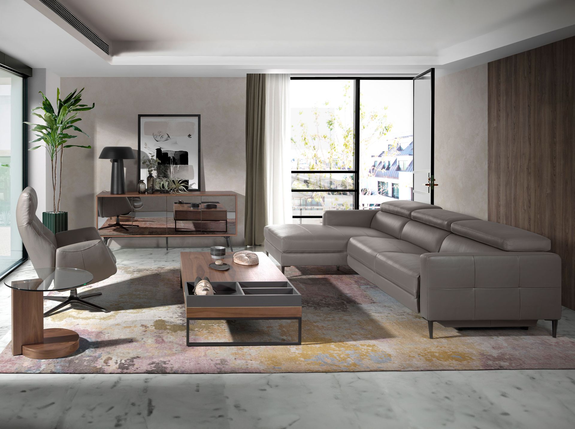 Canapé d'angle relax gauche en cuir gris foncé — détail 4