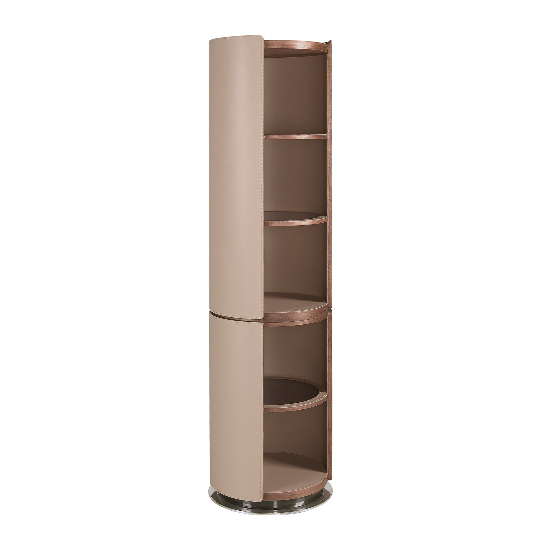 Étagère noyer et similicuir taupe - Finitions taupe, noyer et acier