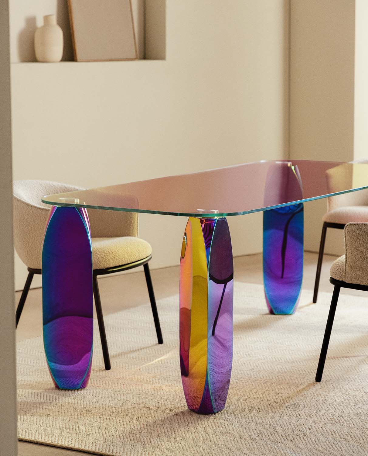 Table de salle à manger irisé en verre trempé