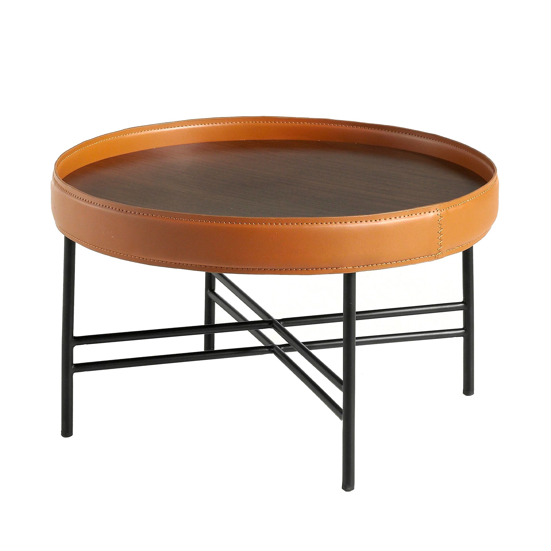 Table basse ronde en similicuir, noyer et acier noir