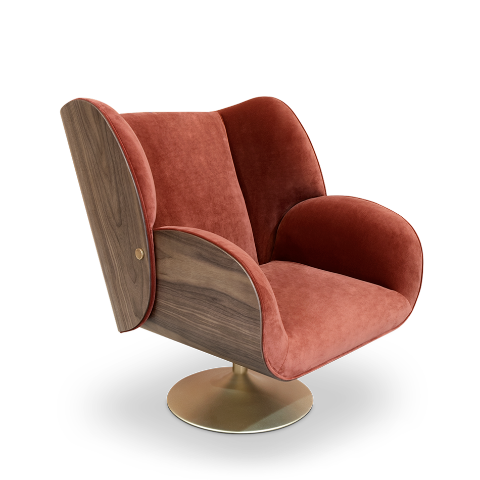 Fauteuil coque en bois de noyer et laiton