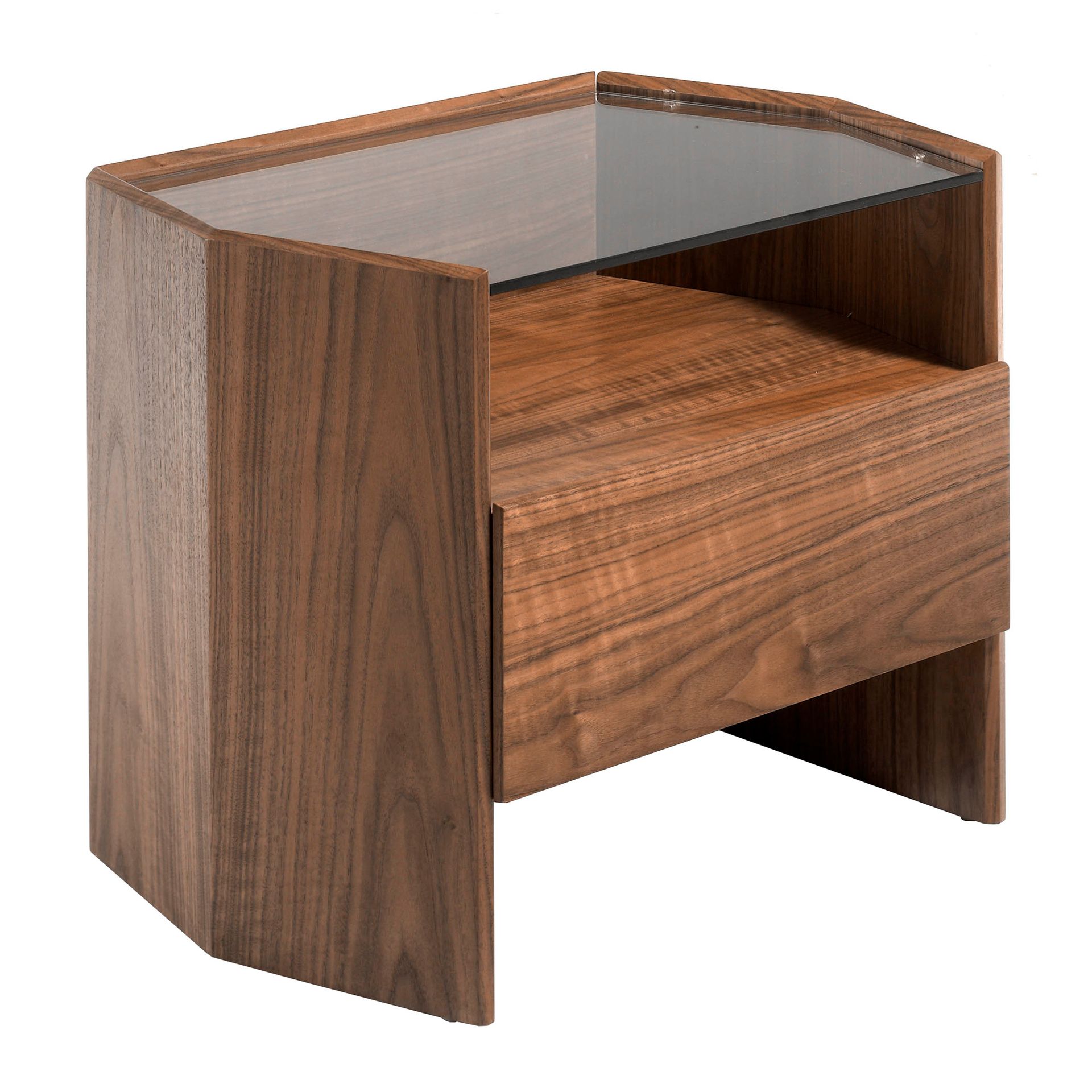 Table de chevet en noyer avec plateau en verre trempé - Finitions verre et noyer