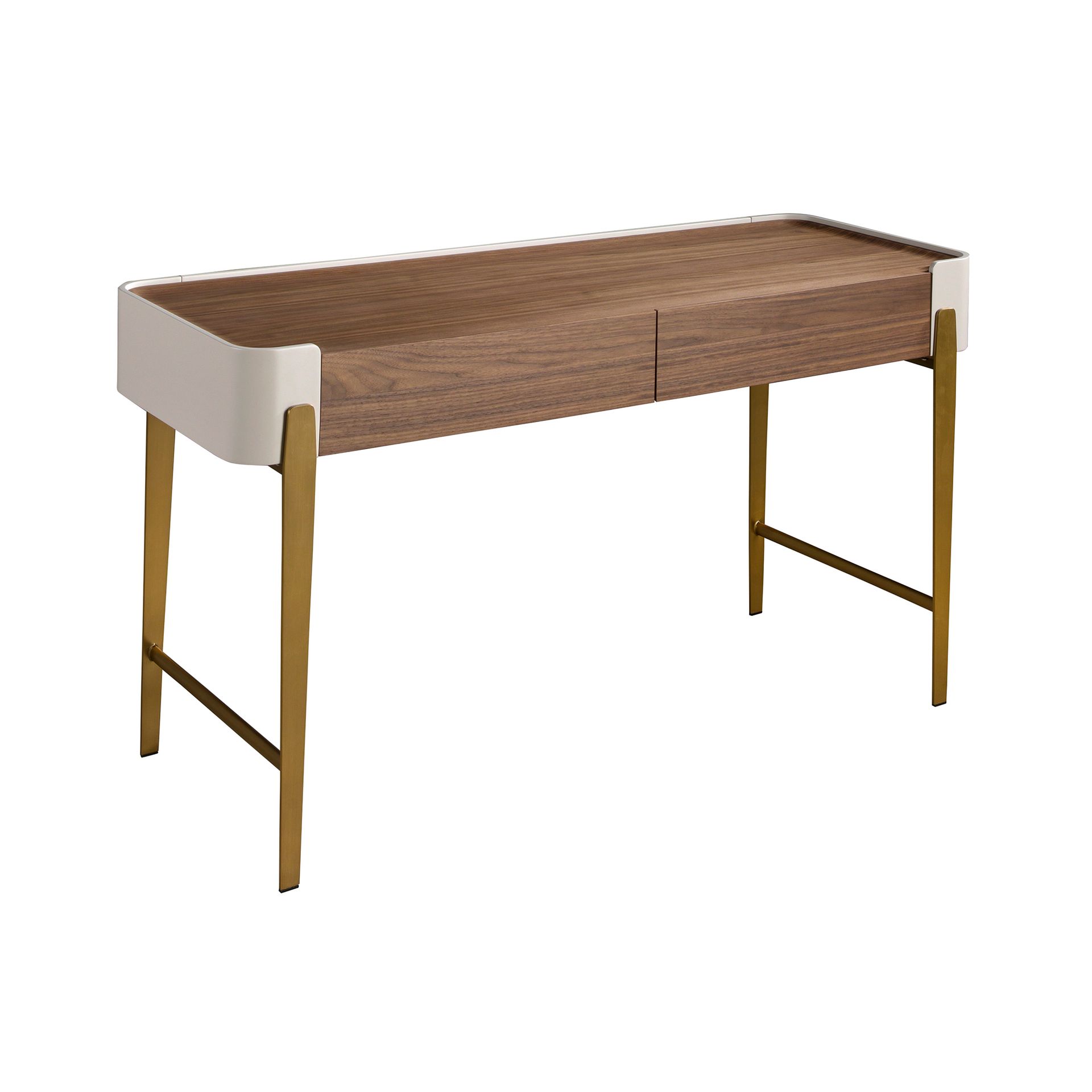 Bureau en noyer, beige et acier poli doré - Finitions beige, or et noyer