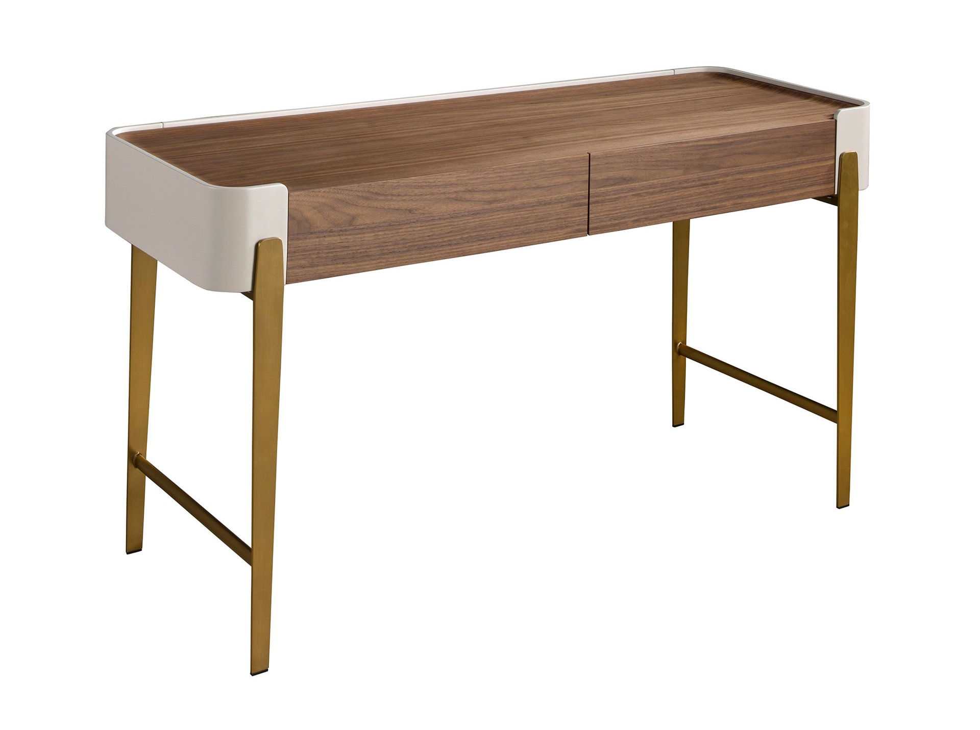 Bureau en noyer, beige et acier poli doré - Finitions beige, or et noyer