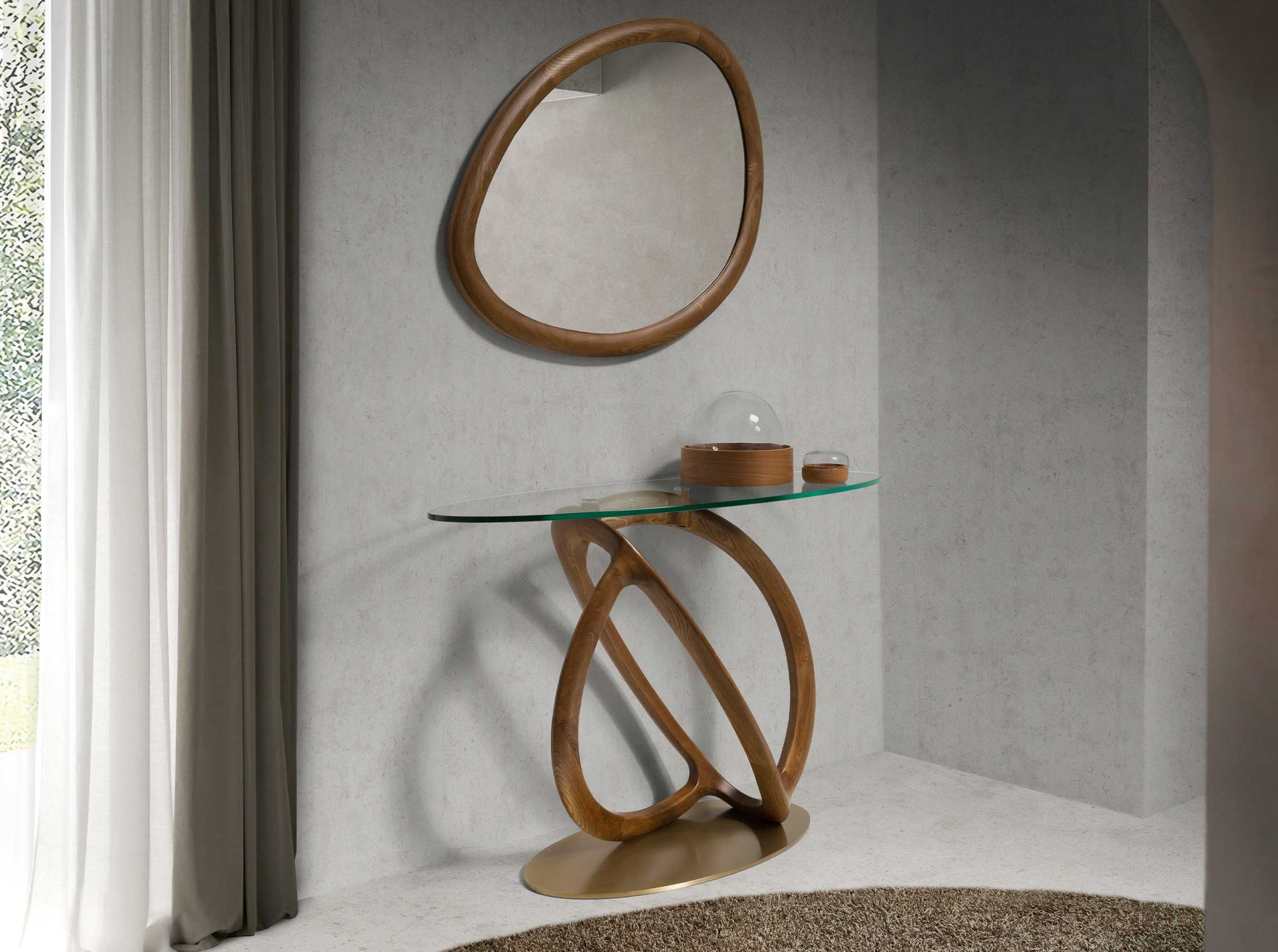 Console ovale verre trempé, noyer et acier poli doré — détail 3