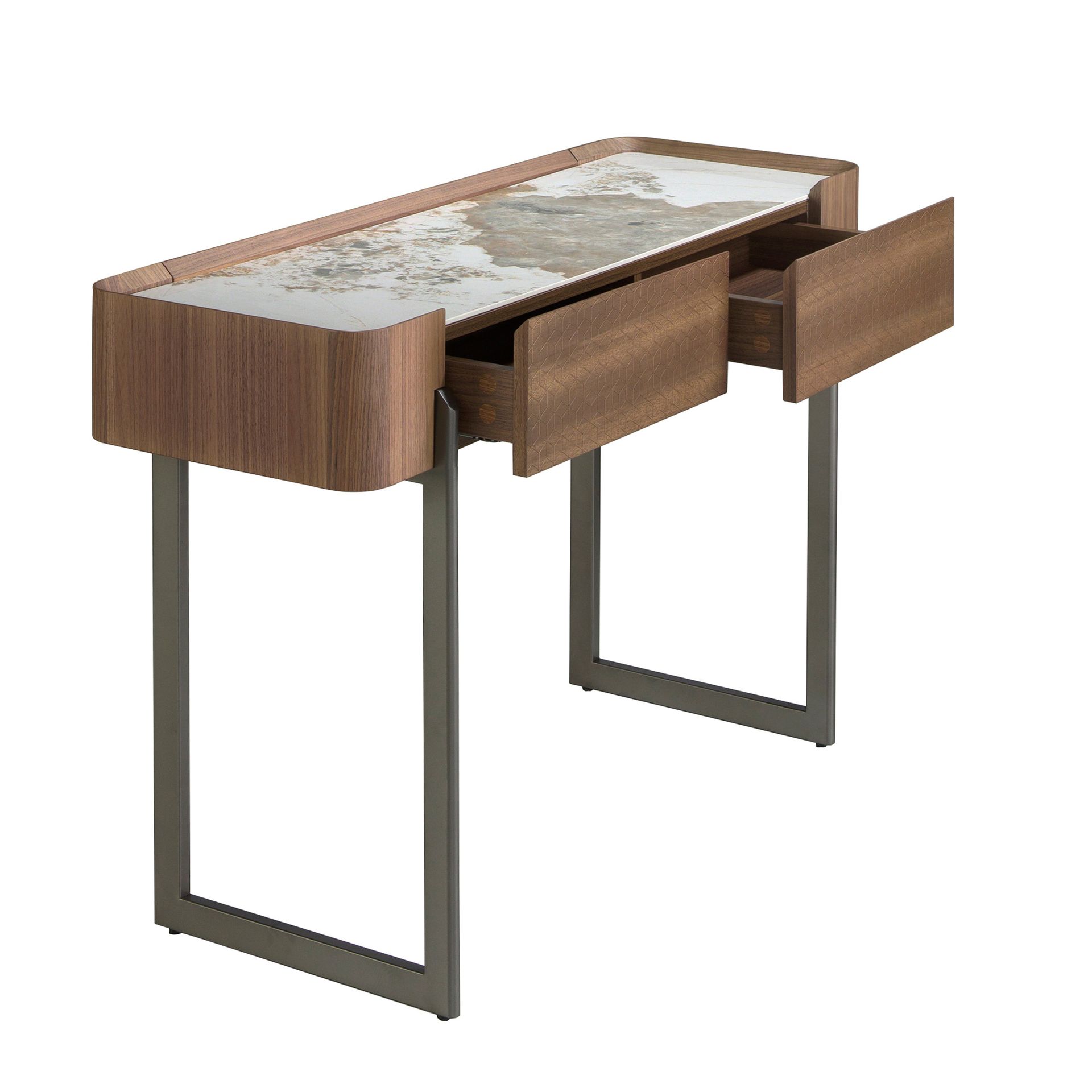 Table console rectangulaire en marbre porcelaine, noyer et acier métallique — détail 5