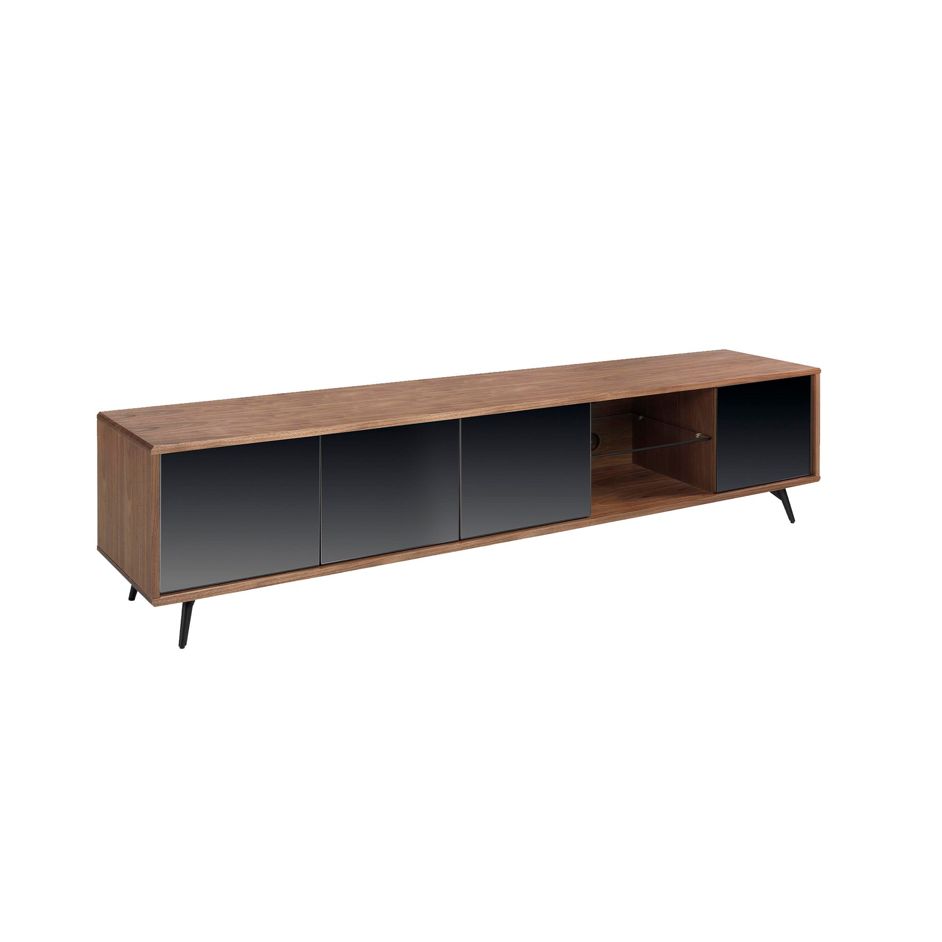 Meuble TV noyer et verre miroir - Finitions noyer et noir
