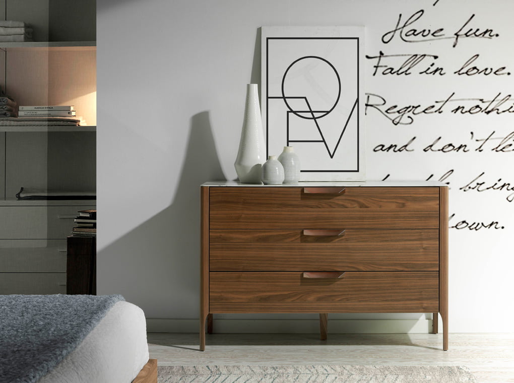 Commode en fibre de verre effet marbre et bois de noyer