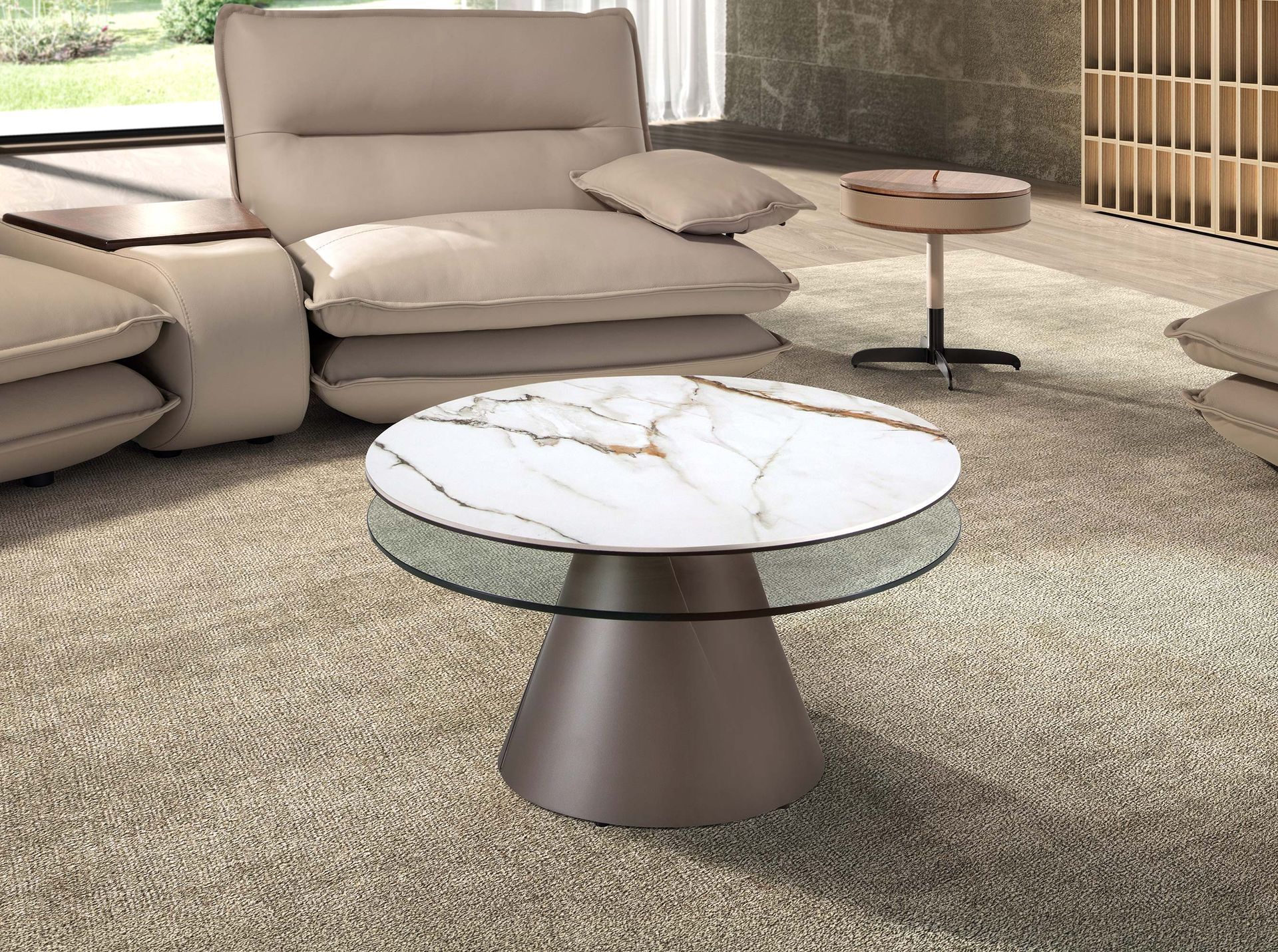 Table basse extensible ronde en verre trempé, marbre céramique et acier gris — détail 3
