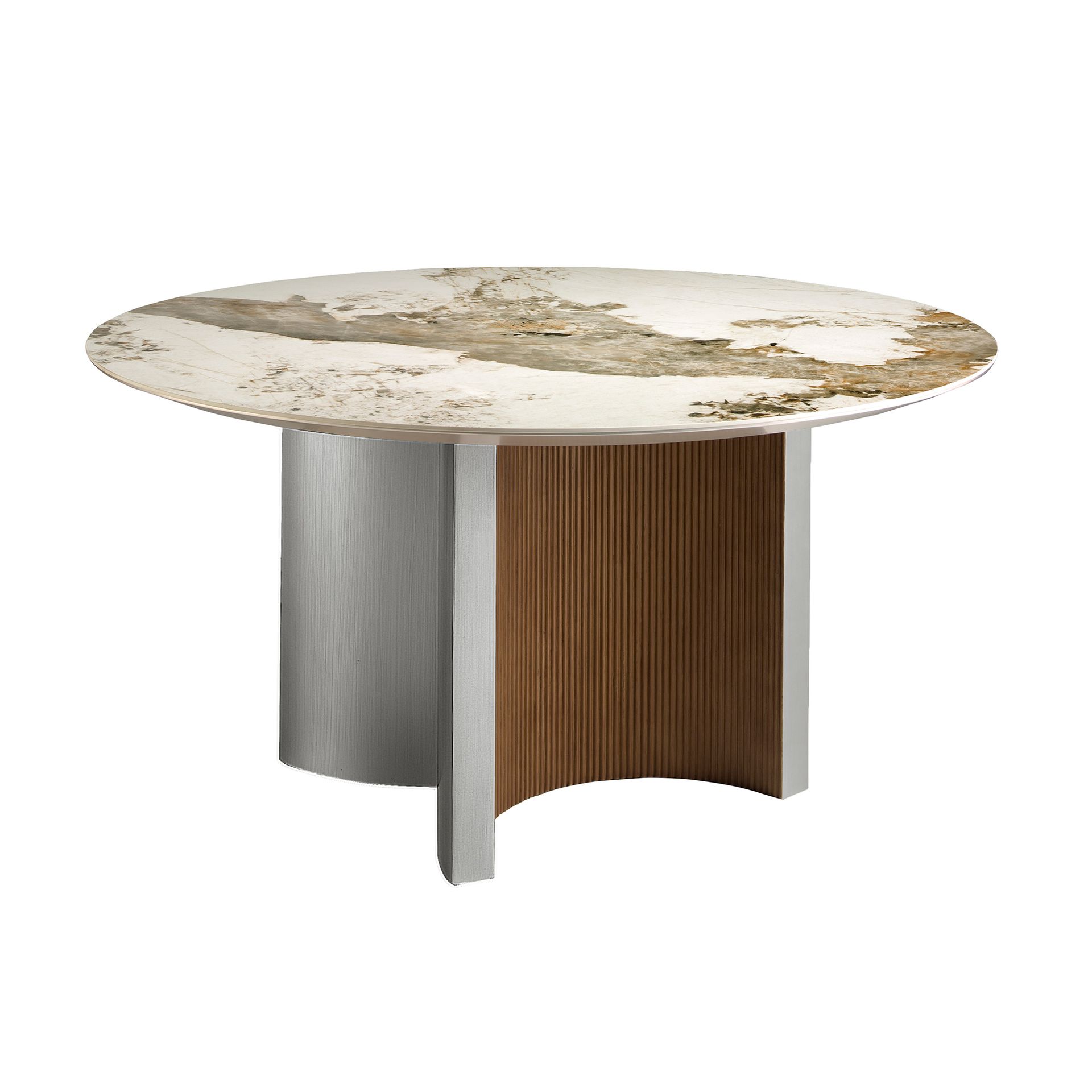 Table à manger ronde en céramique - Finitions blanc, noyer et argent
