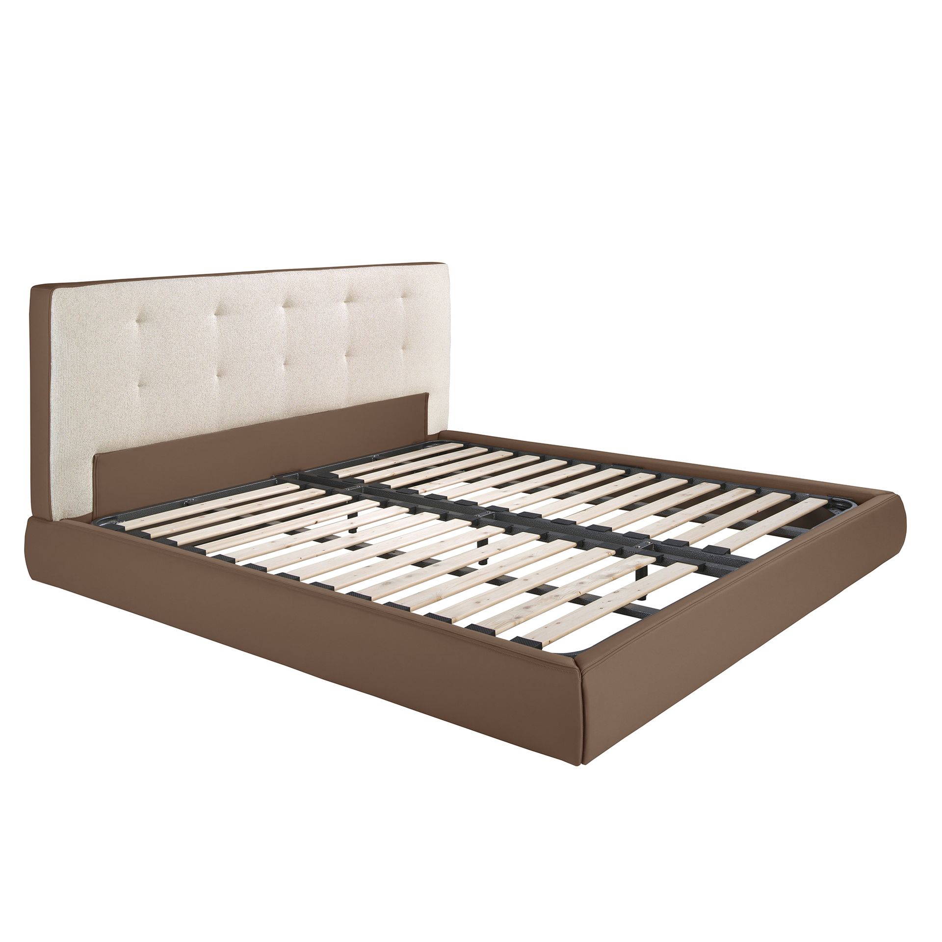 Lit rembourré tissu et similicuir - Coloris blanc, noir et marron