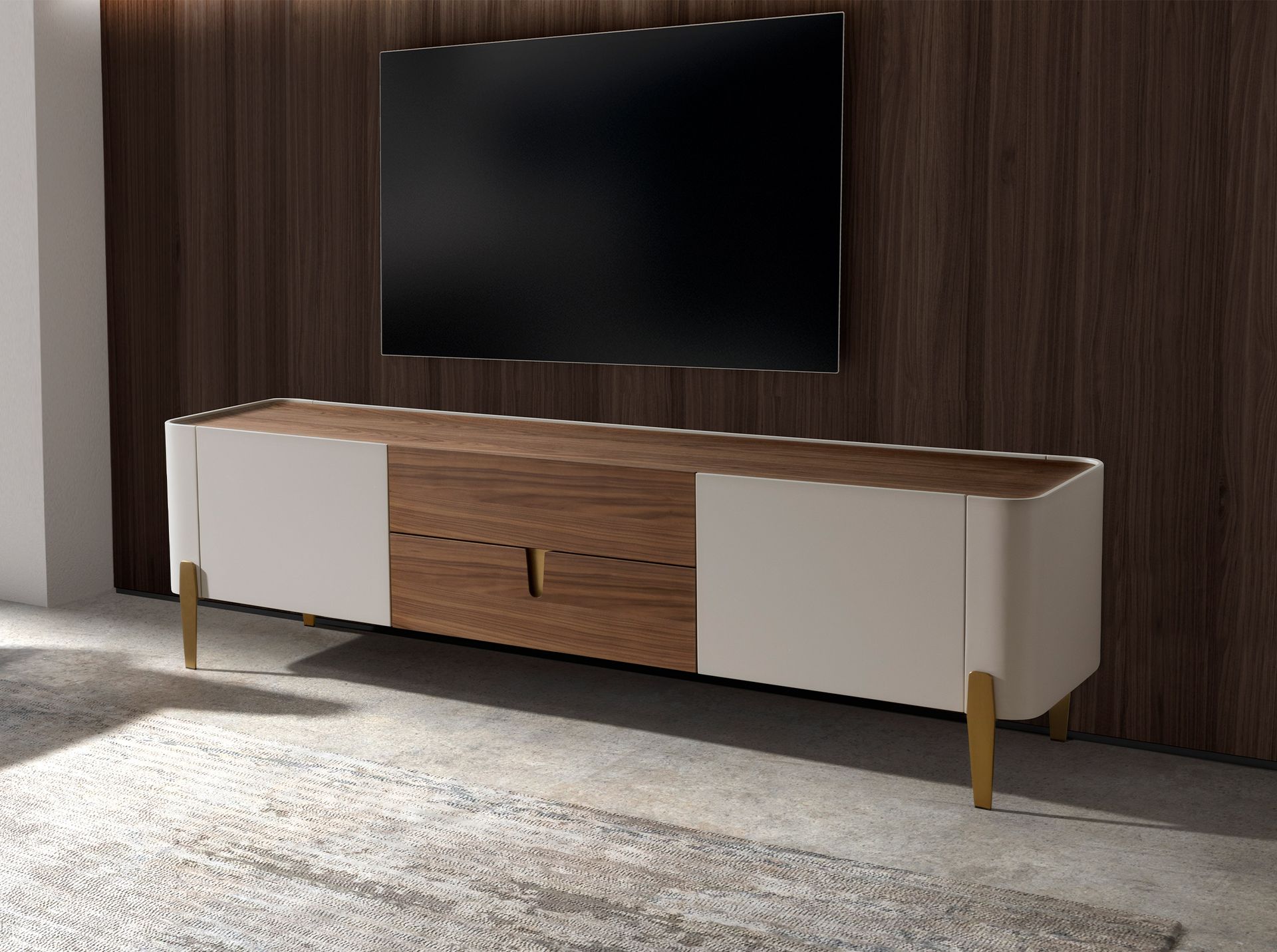 Meuble TV en bois beige, acier poli doré et plateau en noyer — détail 5