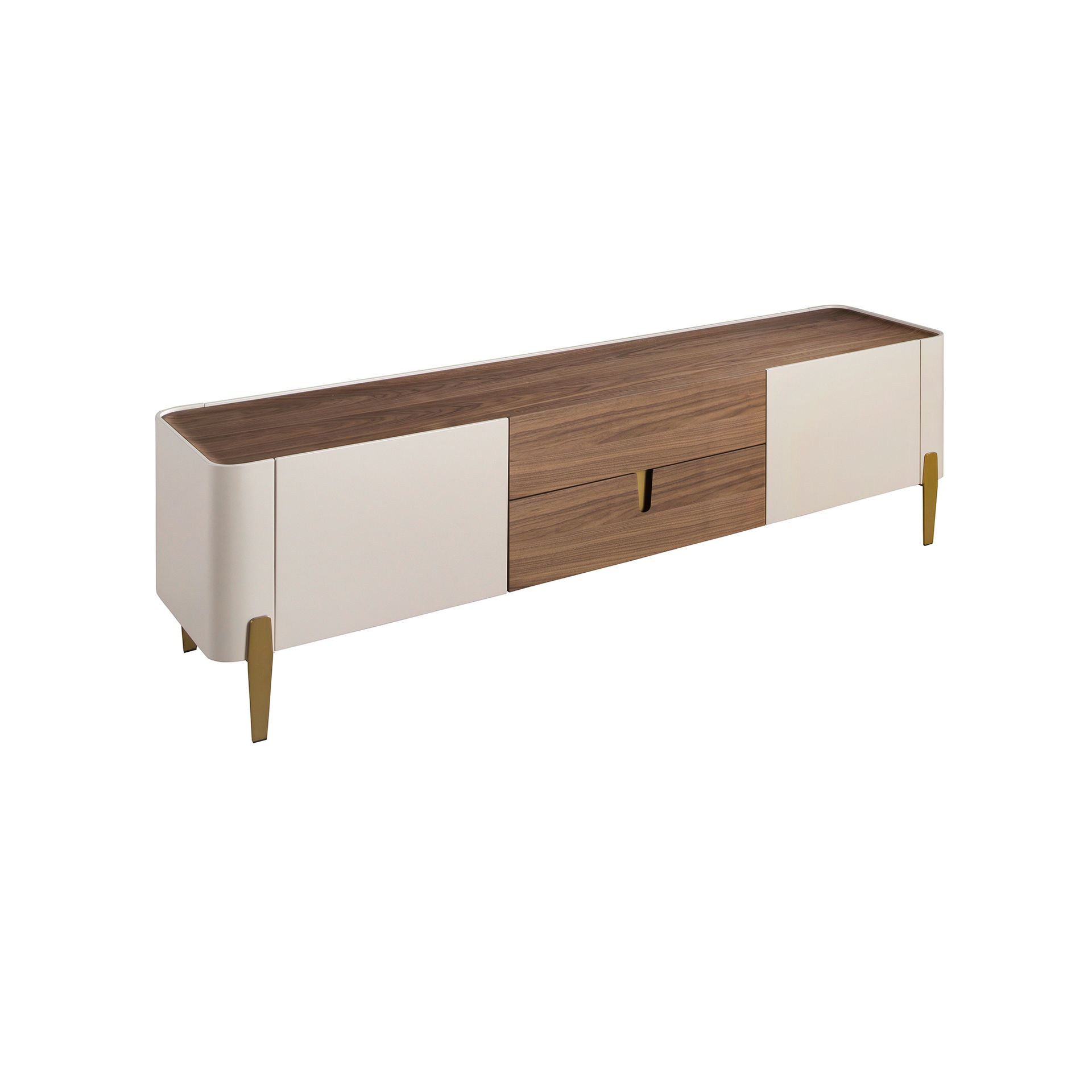 Meuble TV en bois beige, acier poli doré et plateau en noyer