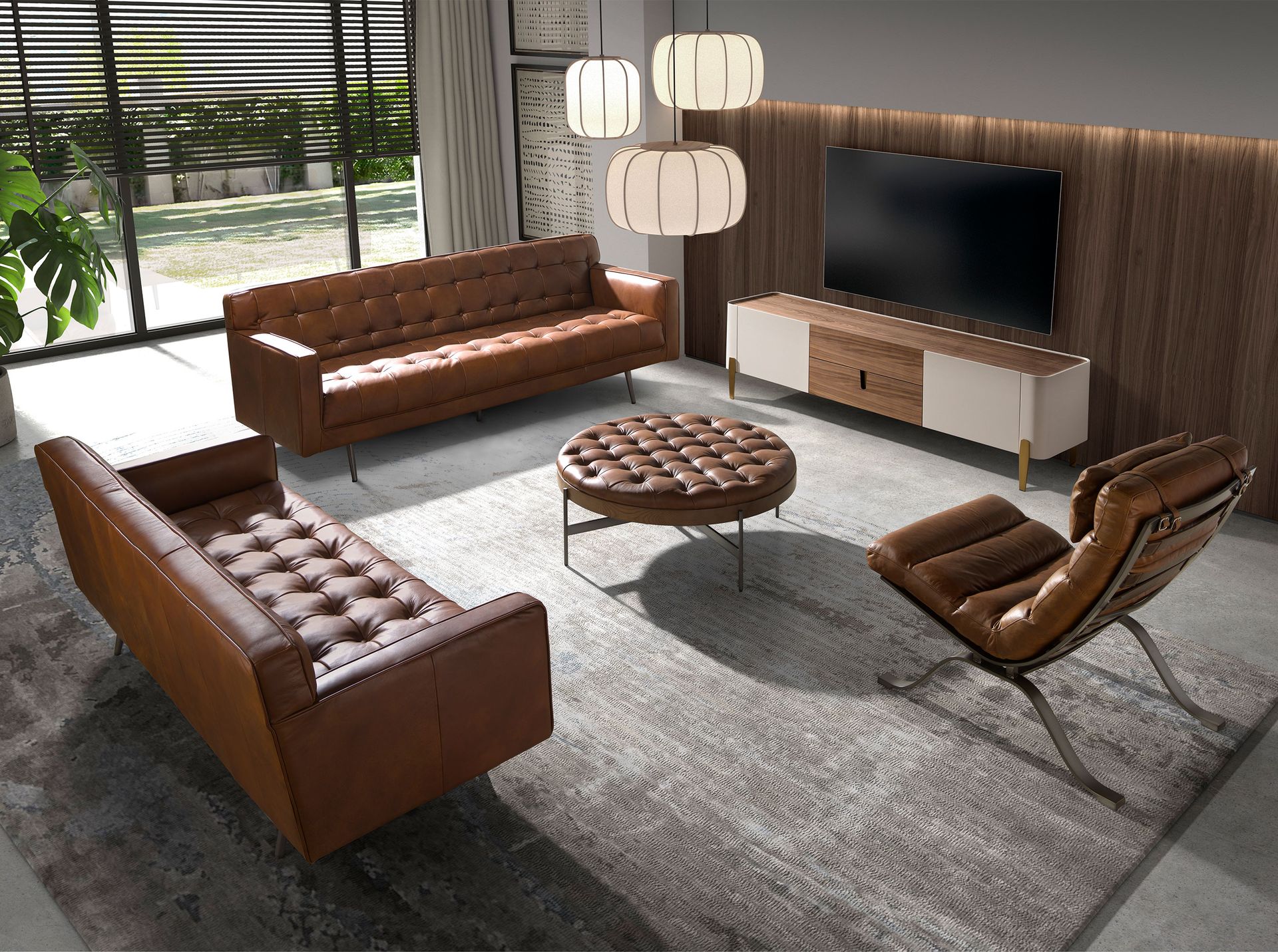 Meuble TV en bois beige, acier poli doré et plateau en noyer — détail 6