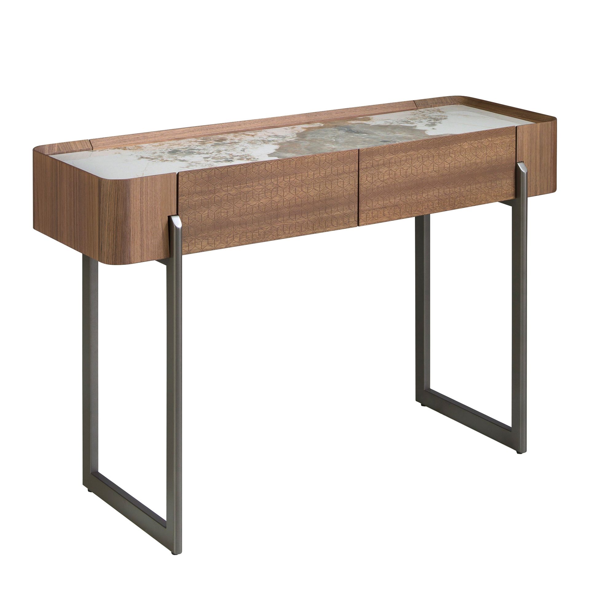 Table console rectangulaire en marbre porcelaine, noyer et acier métallique