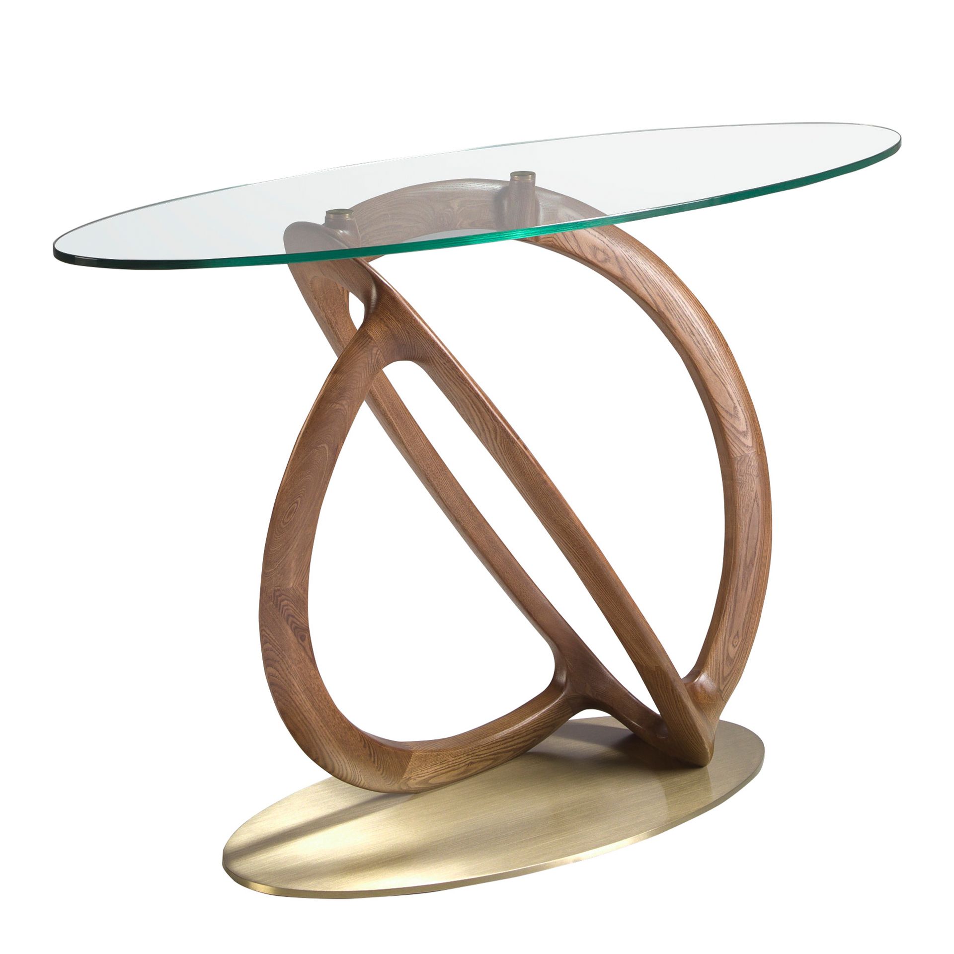 Console ovale verre trempé, noyer et acier poli doré