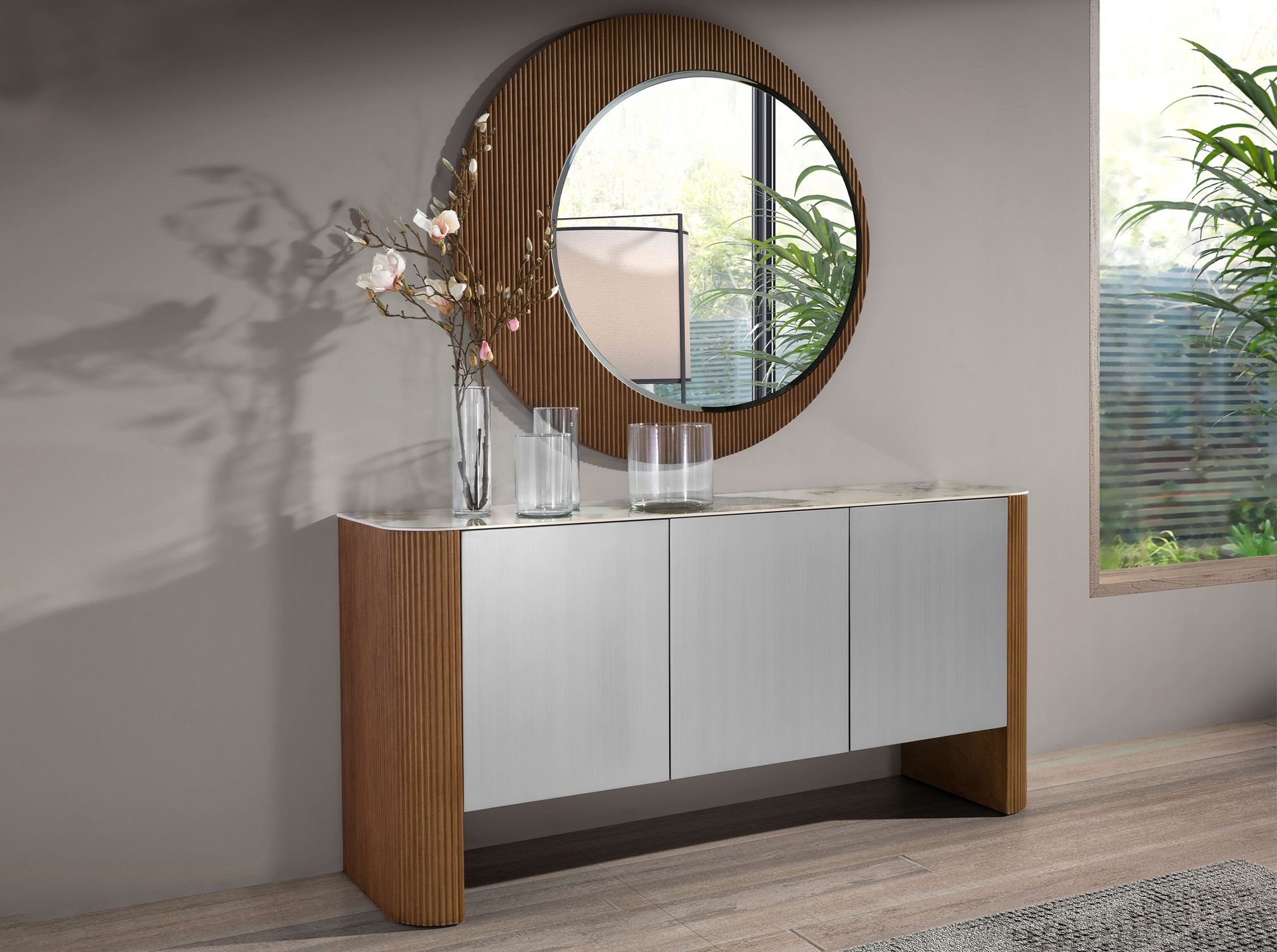Buffet en bois argenté, noyer et plateau en marbre céramique — détail 3
