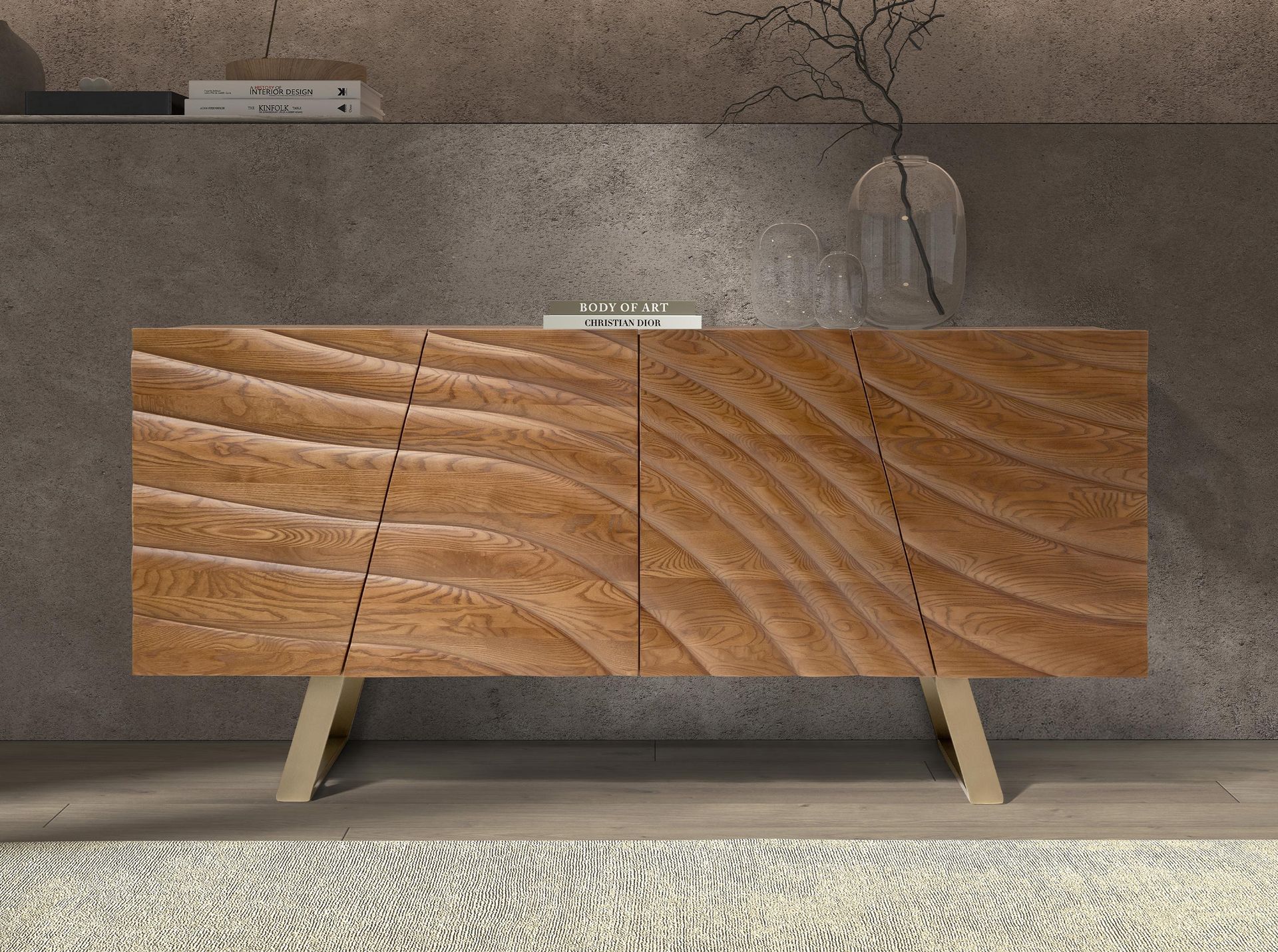 Buffet en noyer clair et acier poli doré - Finitions noyer clair et or — détail 3