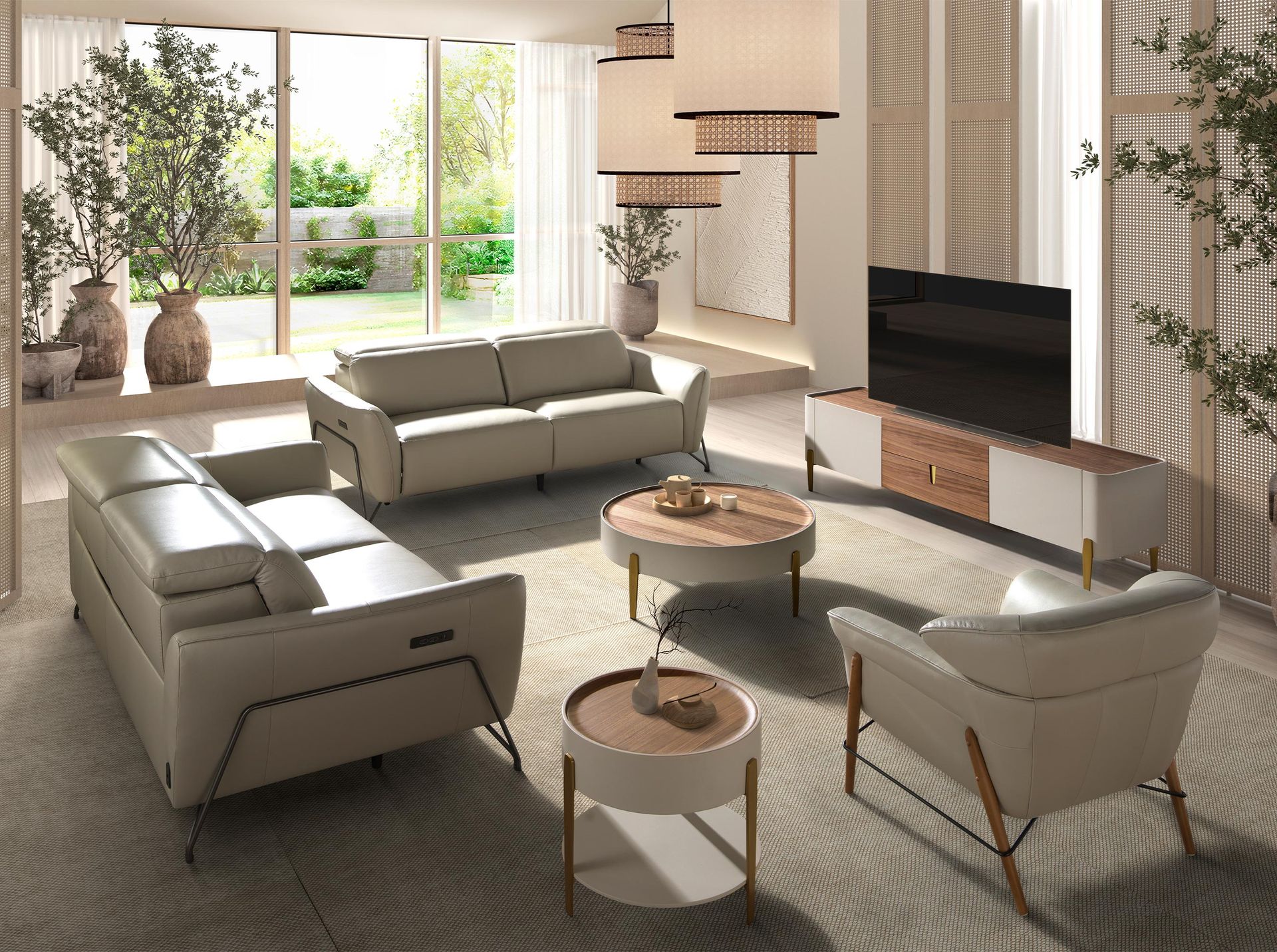 Meuble TV en bois beige, acier poli doré et plateau en noyer — détail 4
