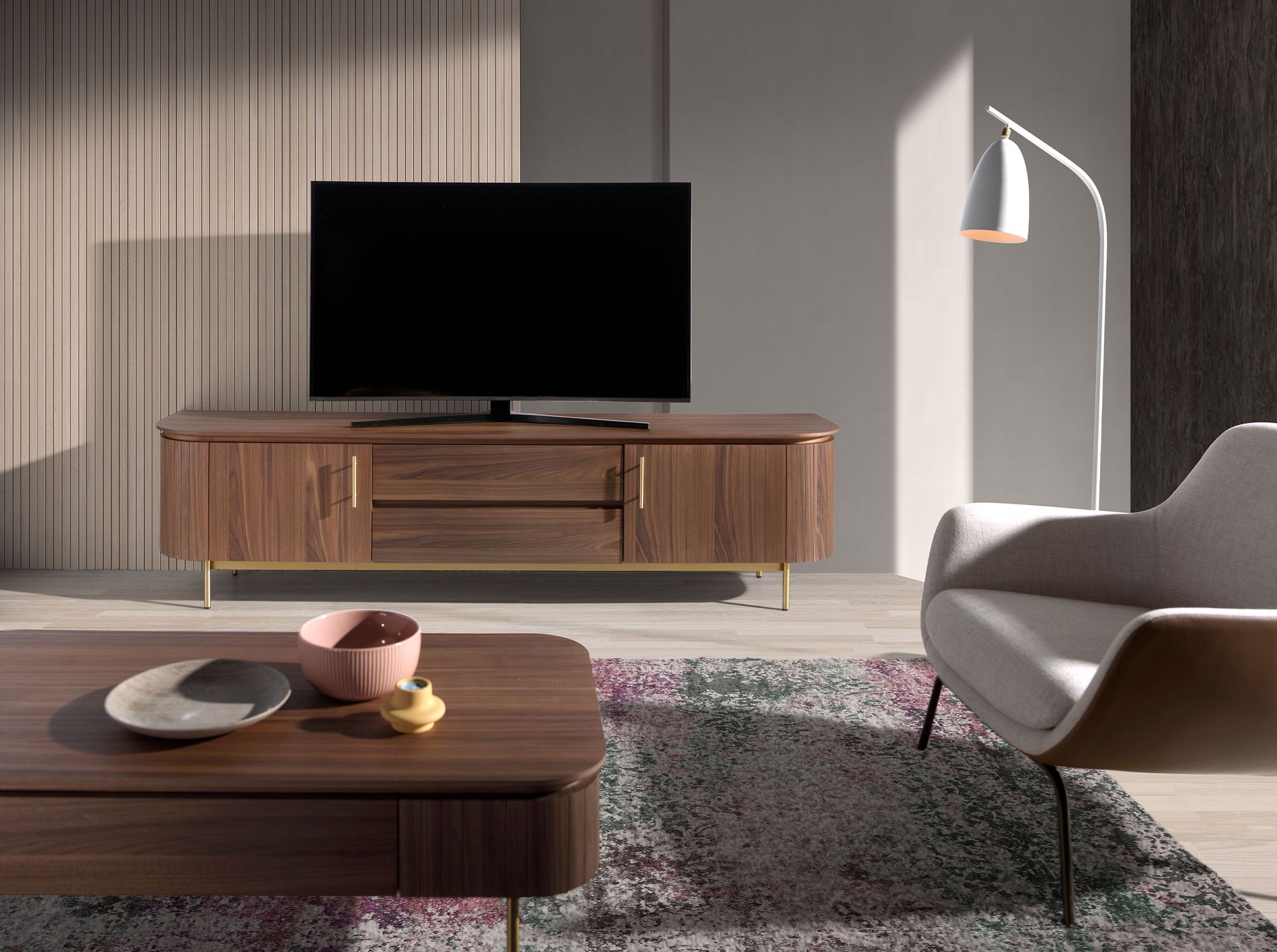 Meuble TV noyer et acier poli doré - Finitions noyer et or — détail 3