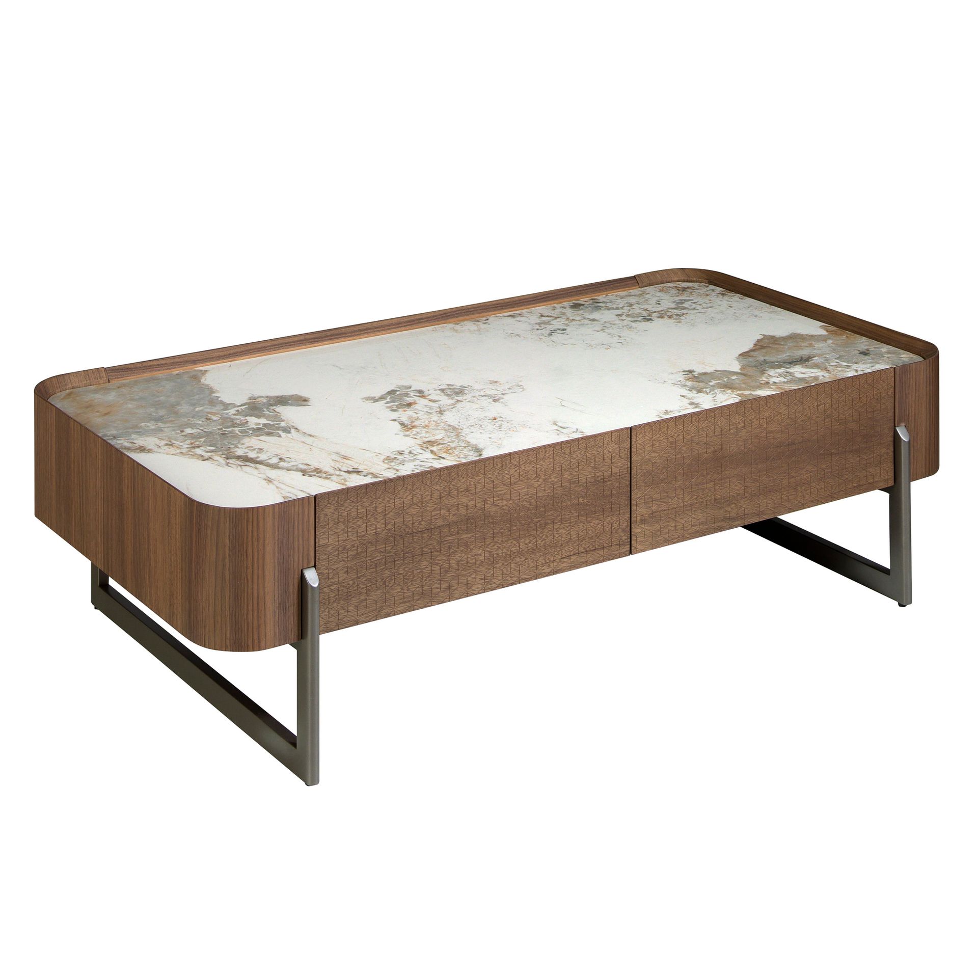 Table basse rectangulaire céramique - Finitions blanc, acier et noyer