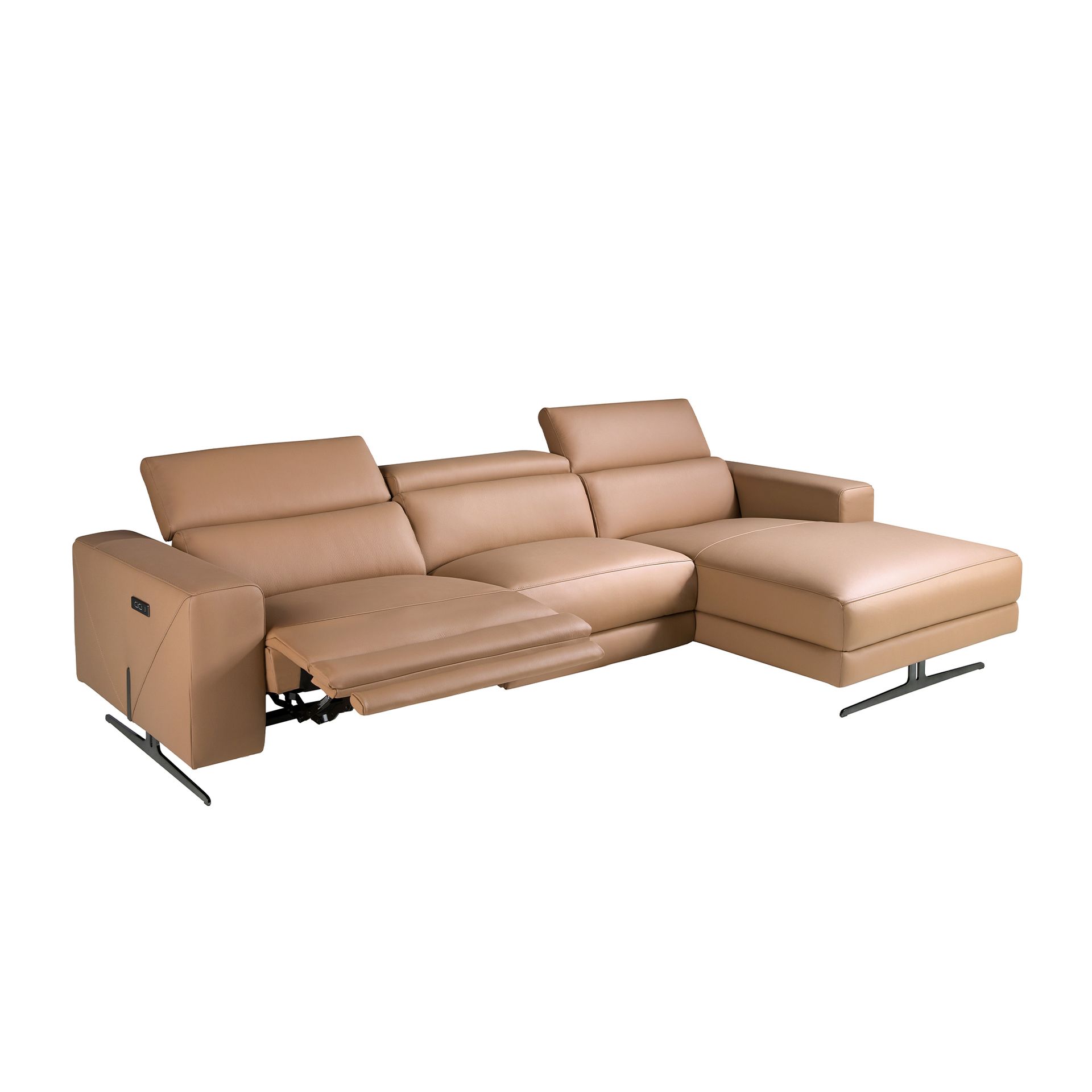 Canapé chaise longue relax droite en cuir marron - Finitions marron et acier