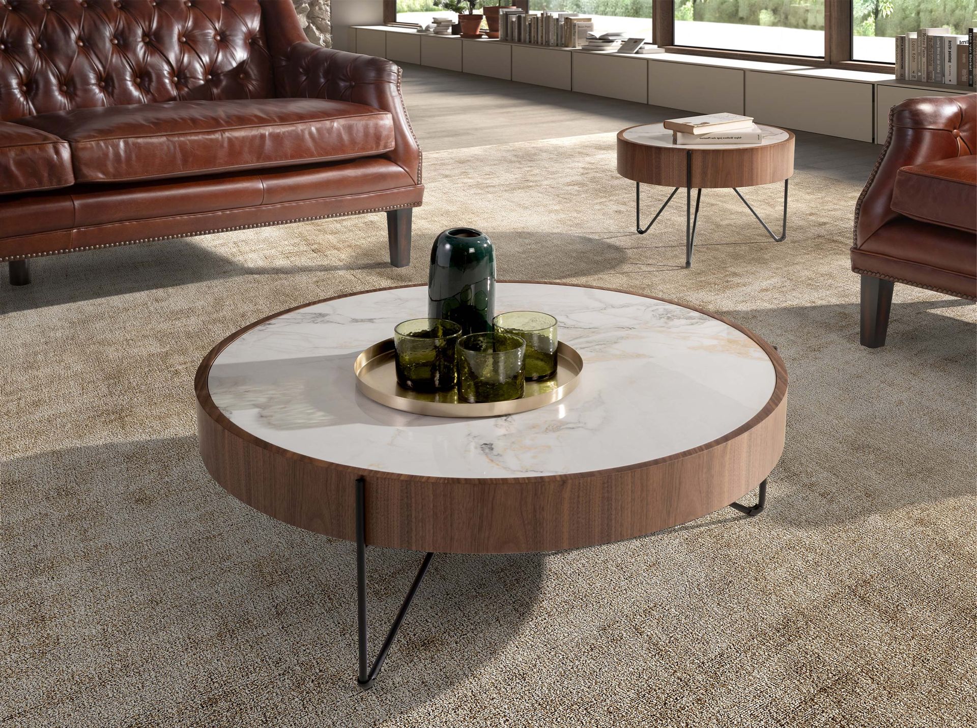 Table basse ronde en marbre porcelaine, noyer et acier noir — détail 3