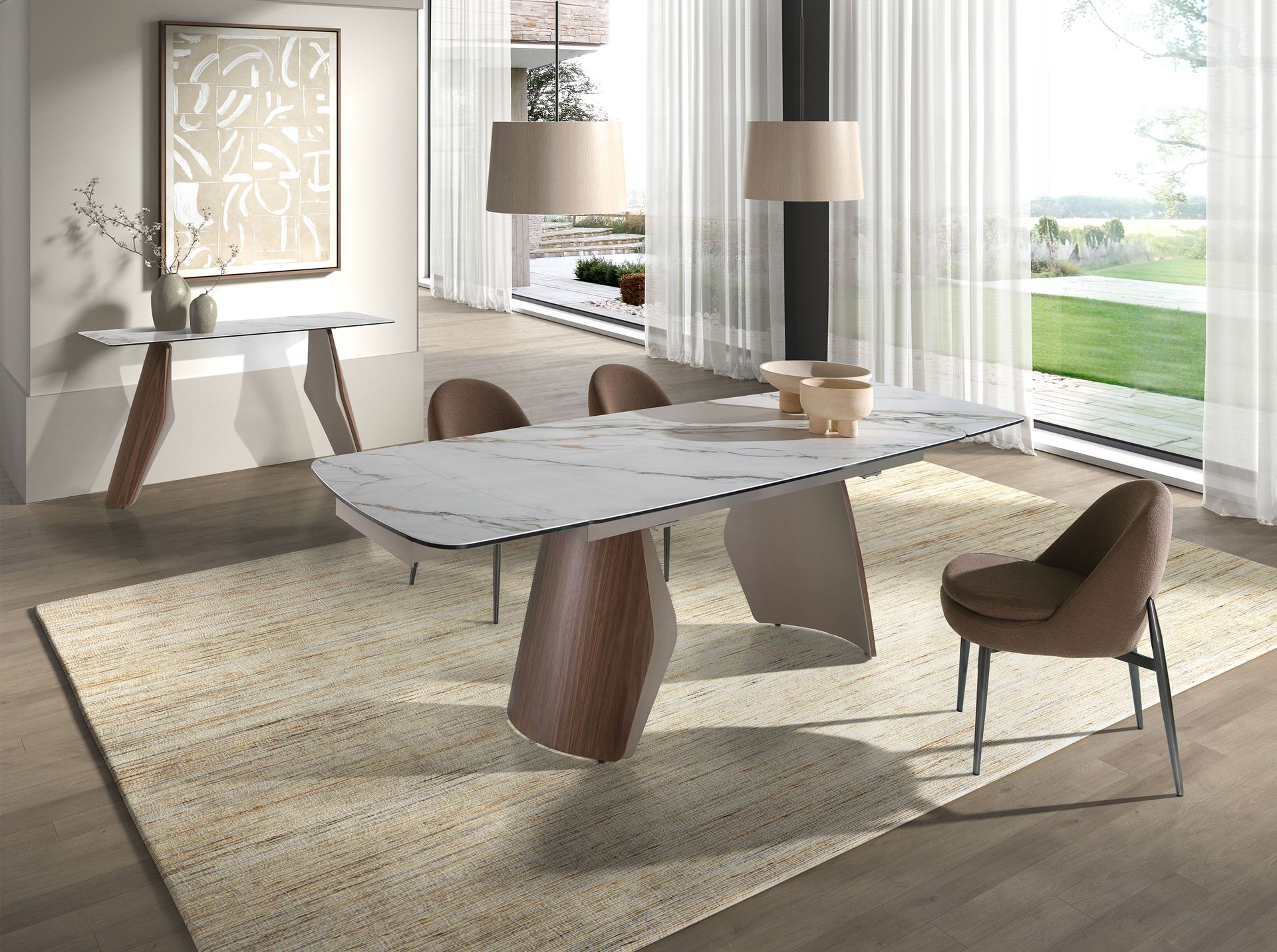Console rectangulaire en marbre porcelainé, acier sable métallisé et noyer — détail 5