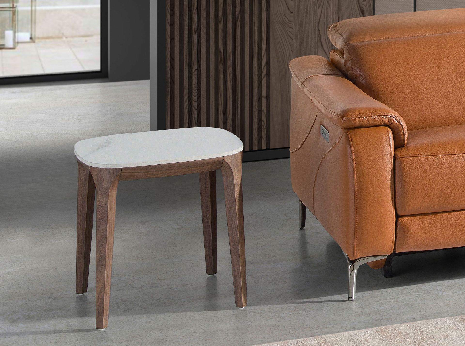 Table d’appoint carrée en marbre céramique et noyer - Finitions blanc et noyer — détail 3