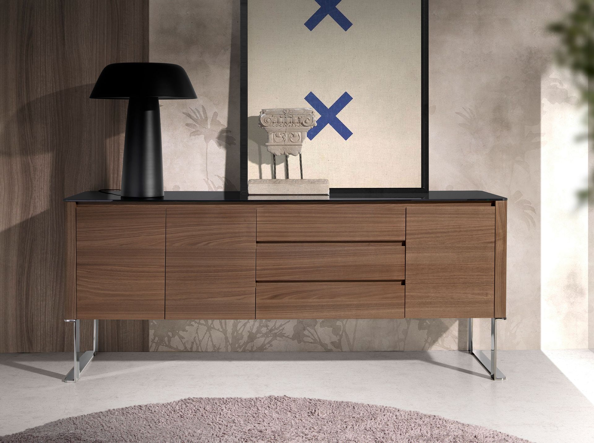 Buffet noyer et verre noir - Finitions noyer, acier et noir — détail 3