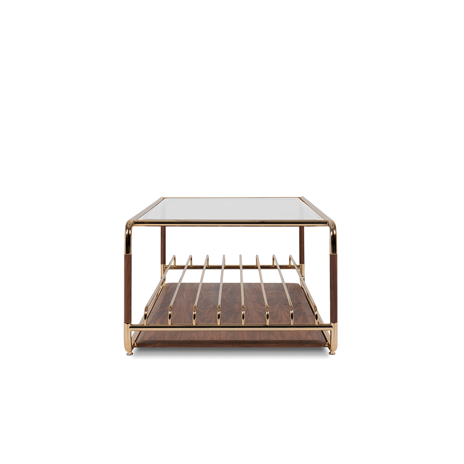 Table basse en bois massif verni et détails en laiton — détail 3