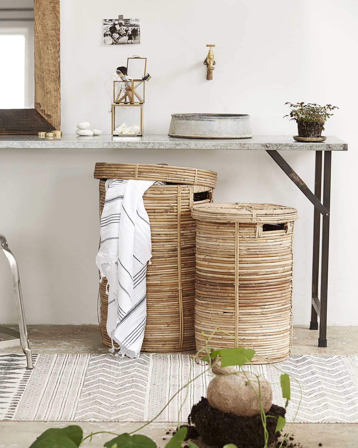 Ensemble de 2 paniers à linge en bambou et rotin