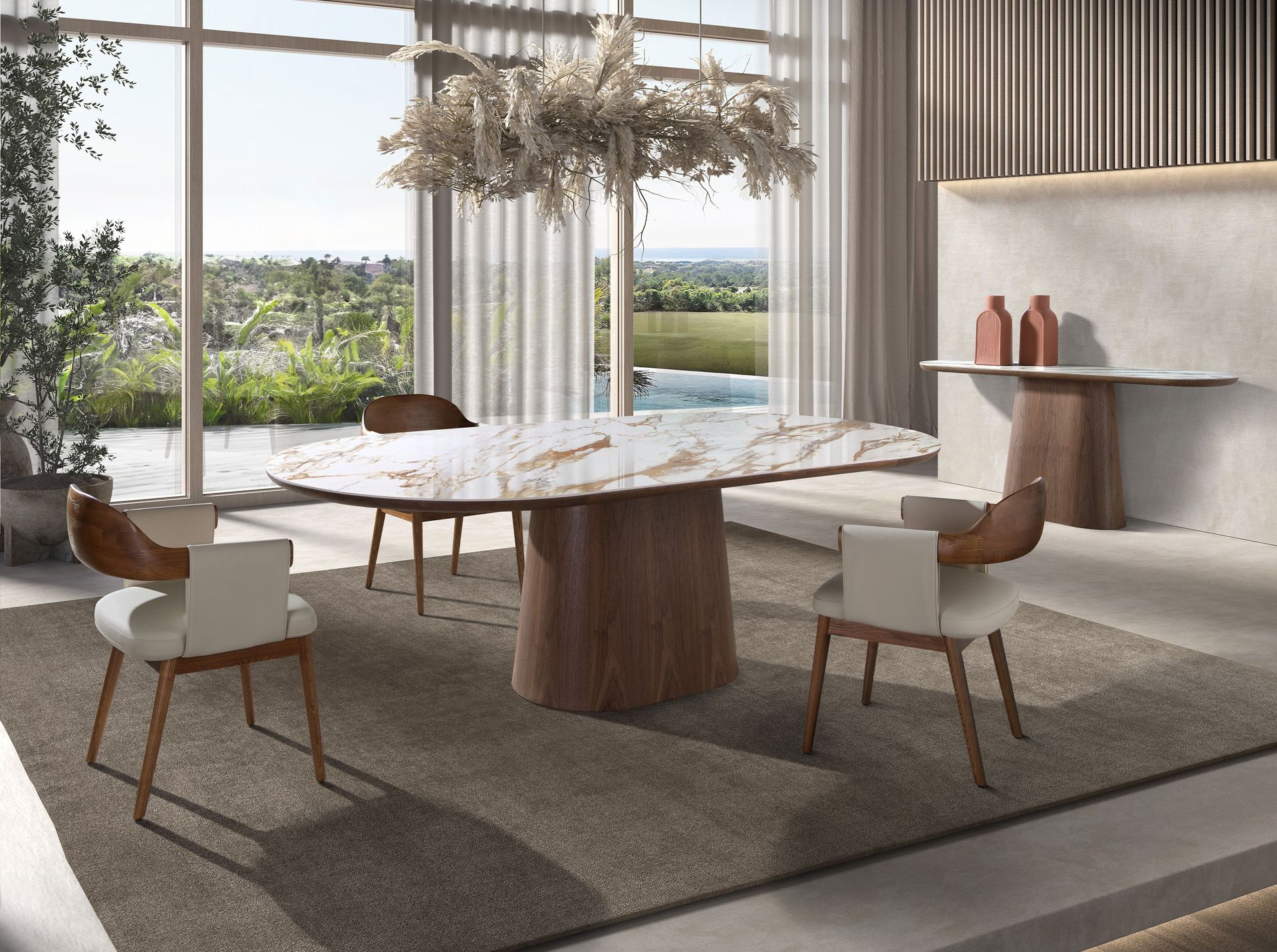 Table console ovale demi-ronde en porcelaine et noyer — détail 5
