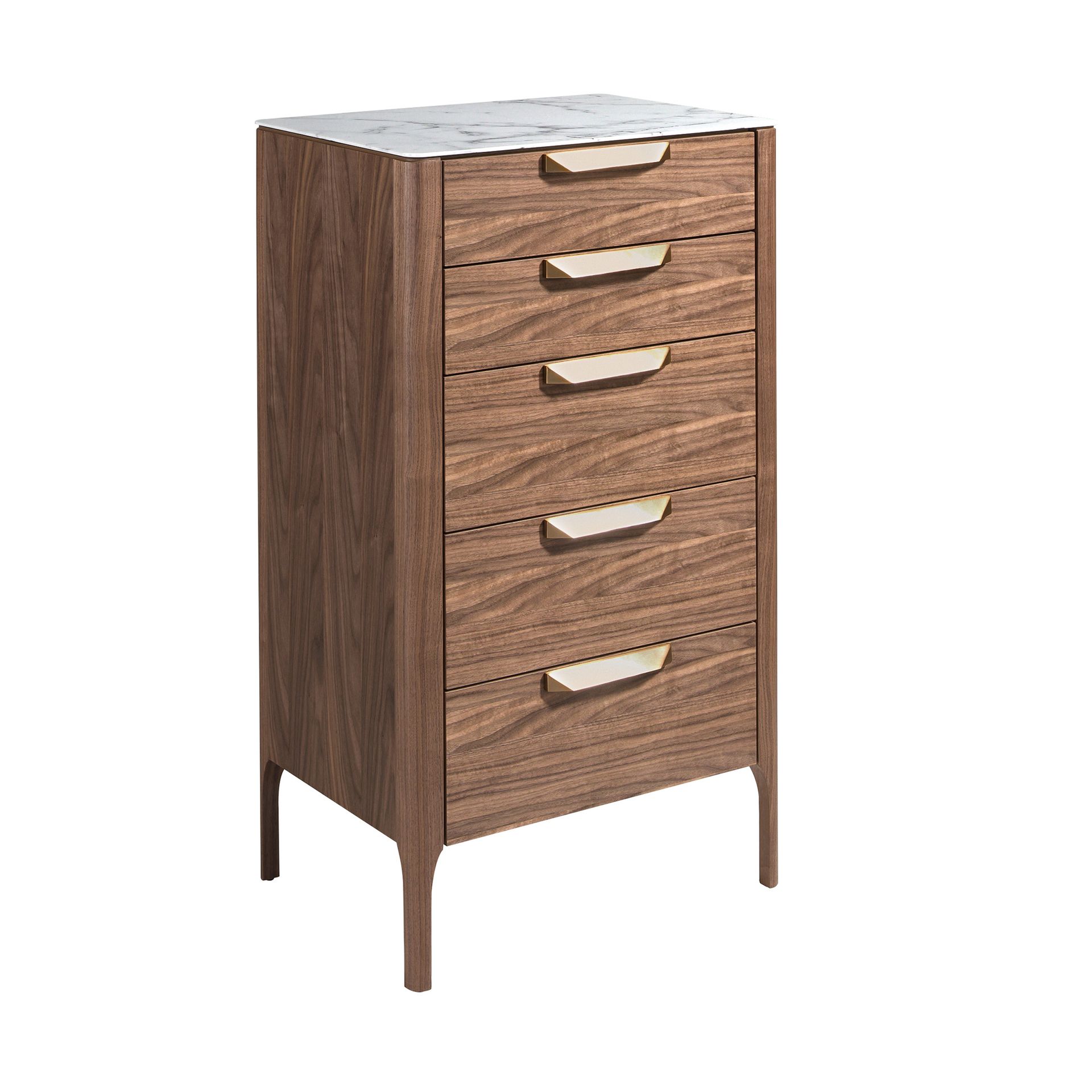 Chiffonnier noyer et verre effet marbre - Finitions noyer, acier et blanc
