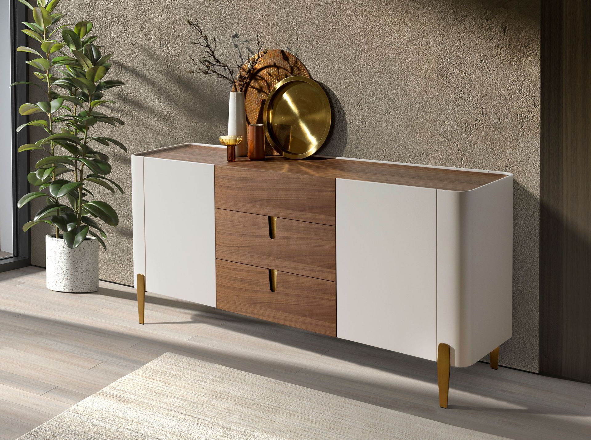 Buffet en noyer - Finitions beige, or et noyer — détail 3