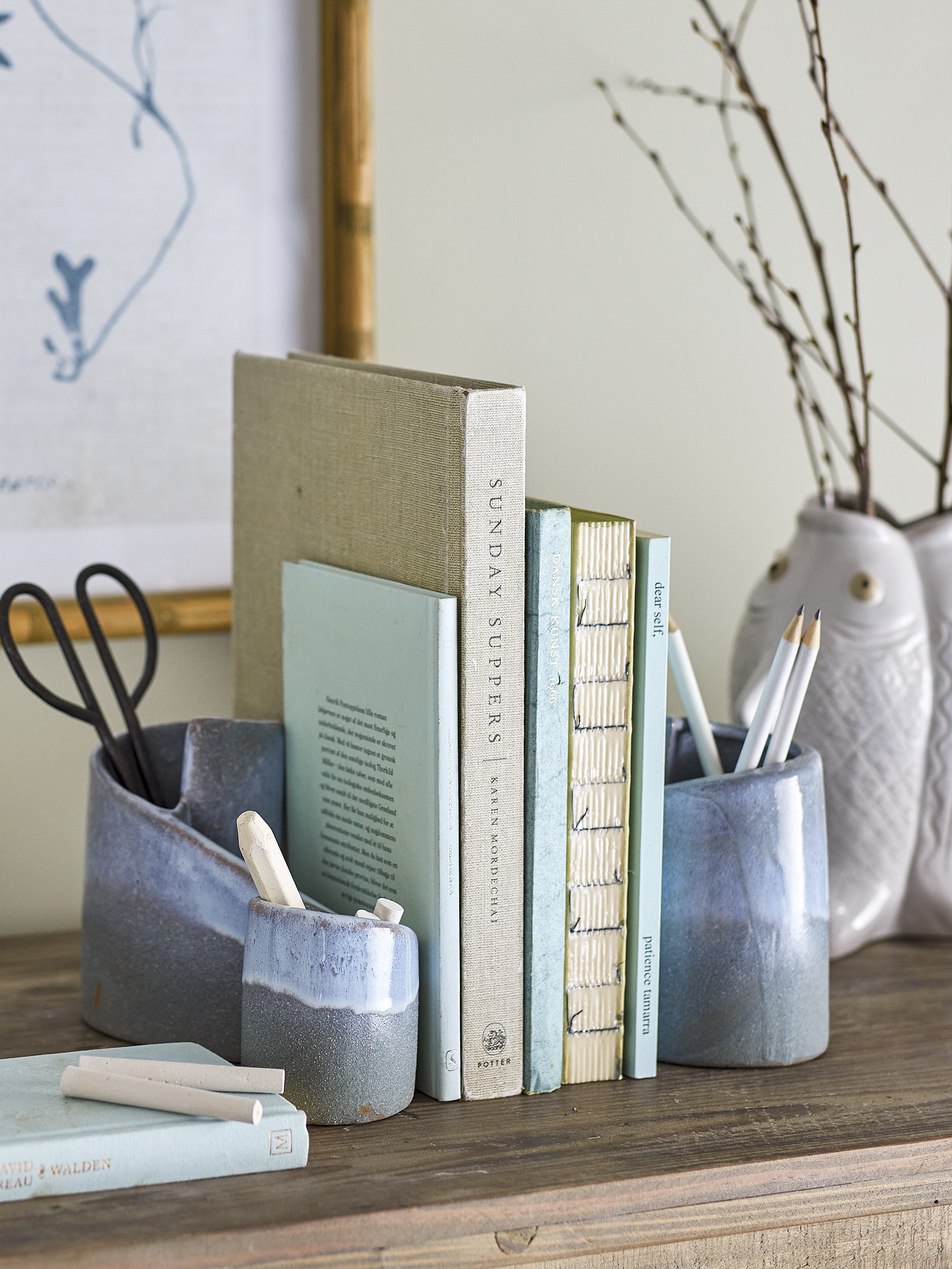 Lot de 2 serre-livres Meliad en grès — Coloris bleu