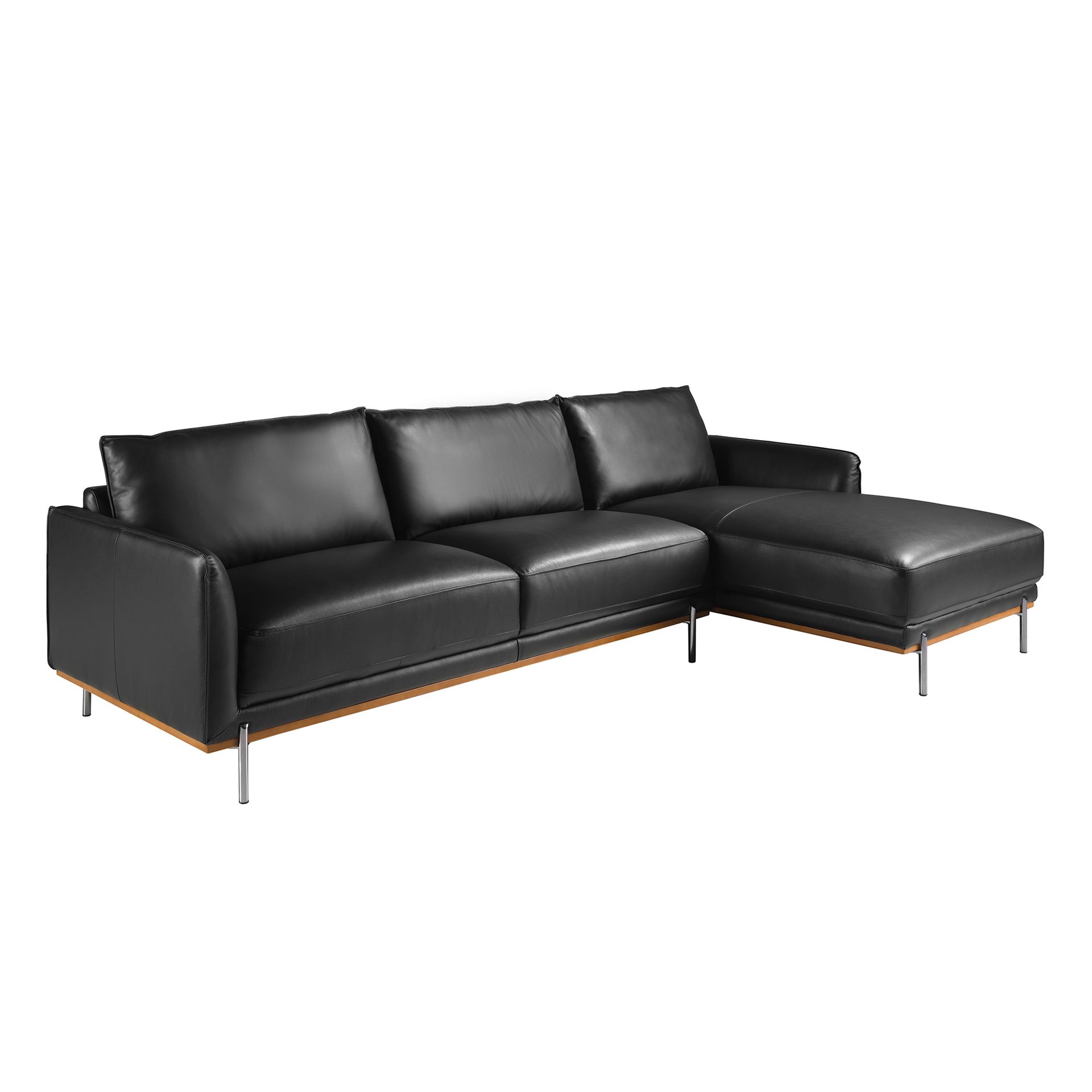 Canapé d'angle droit en cuir noir - Finitions acier noir