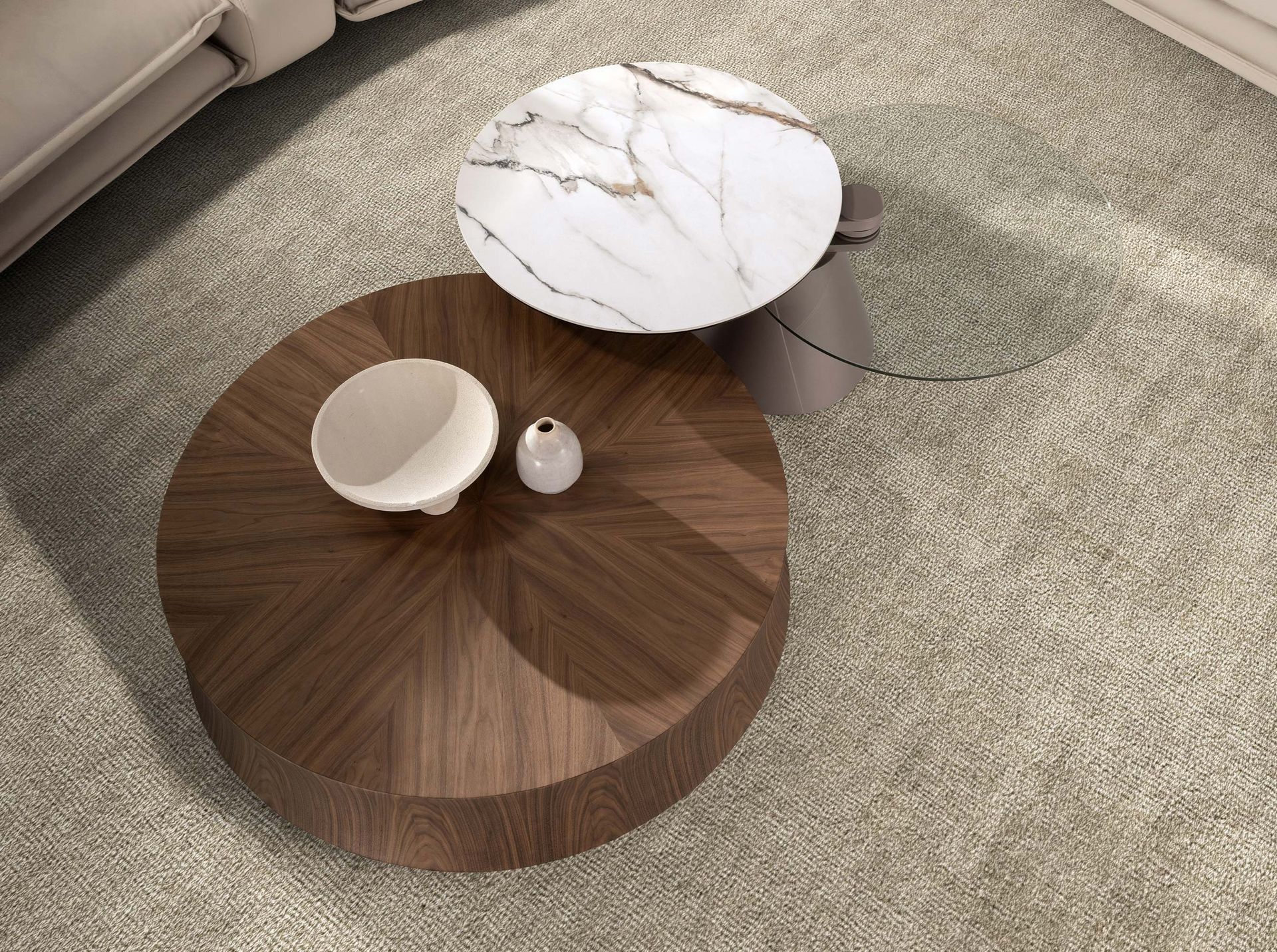 Table basse extensible ronde en verre trempé, marbre céramique et acier gris — détail 6