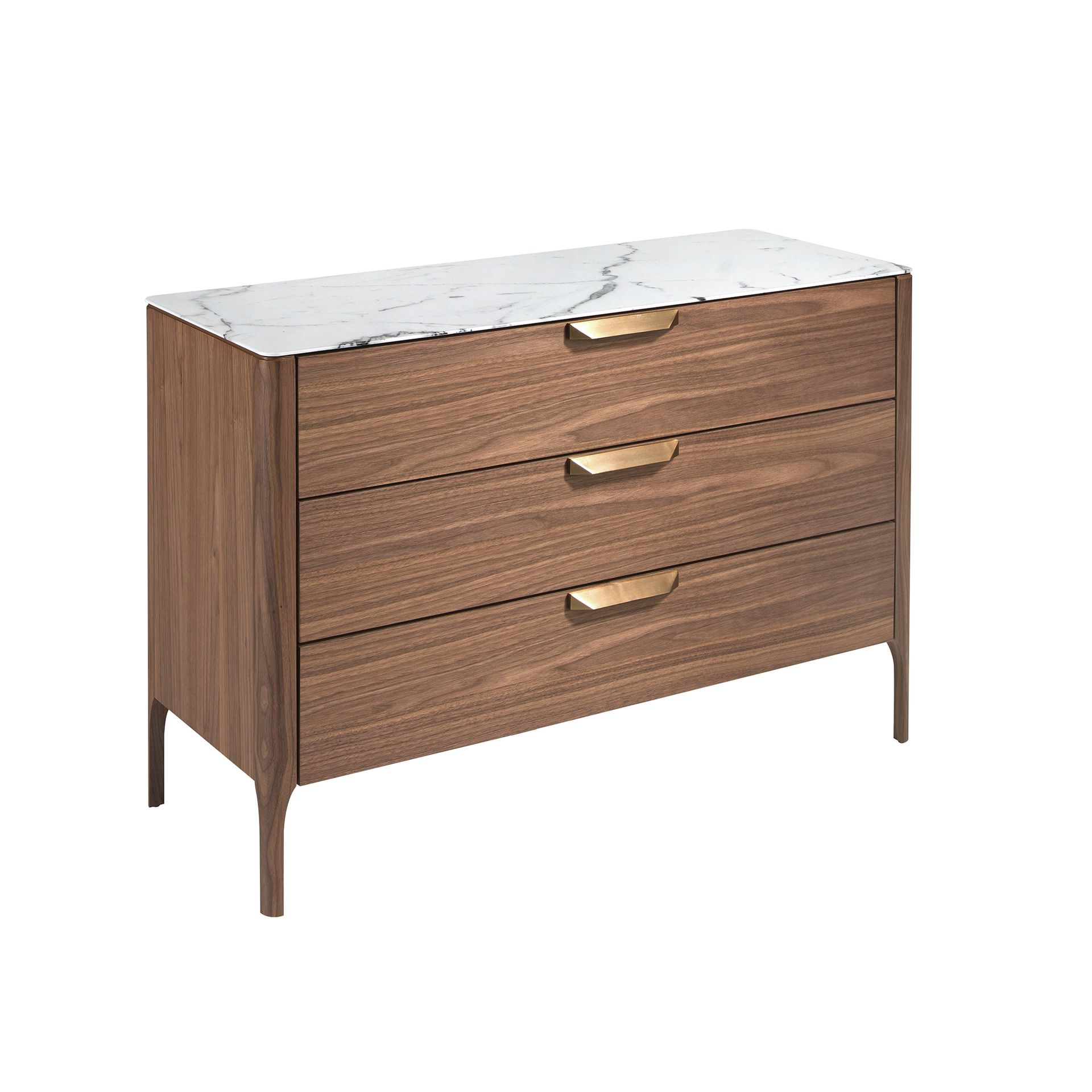 Commode noyer et verre effet marbre - Finitions noyer, acier et blanc