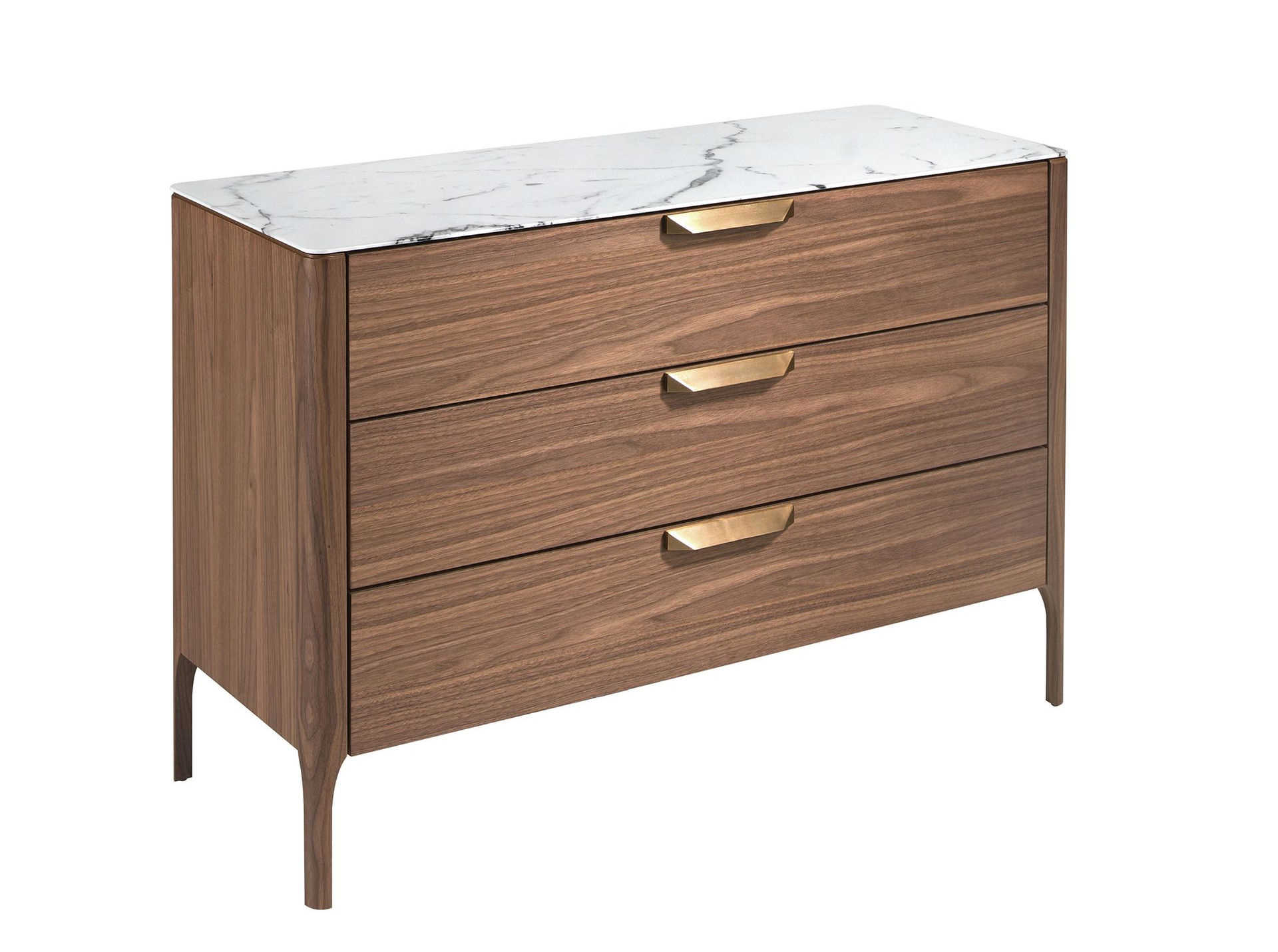 Commode noyer et verre effet marbre - Finitions noyer, acier et blanc