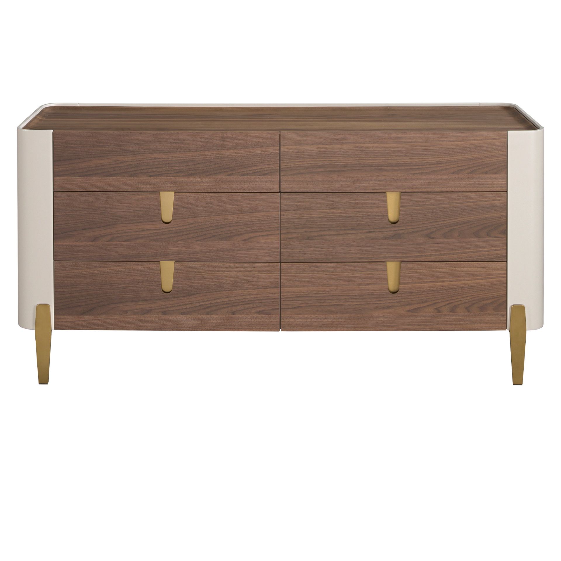 Commode en bois beige, acier poli doré et plateau en noyer